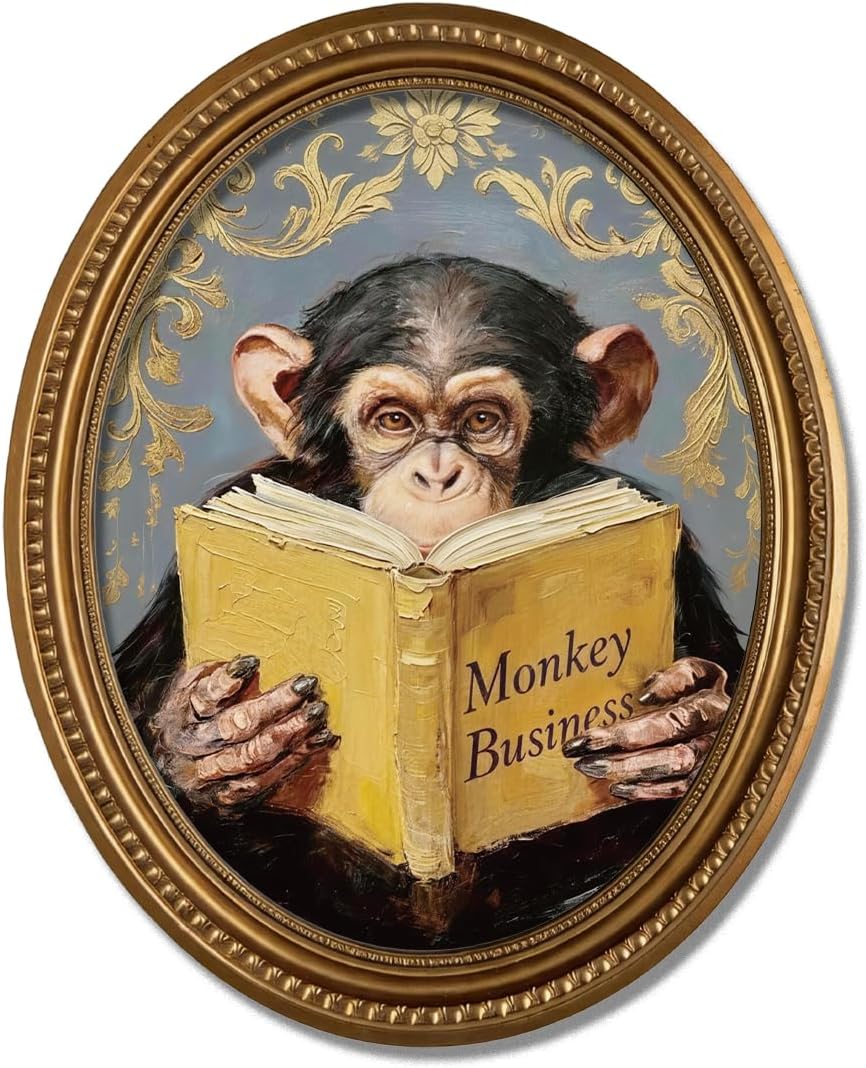 Quirky Monkey Oval Wood Wall Art, Humorous Vintage Oil Painting Style Wall Decor, Whimsical Chimpanzee Artwork for Living Room Bedroom, 11.2 x 9 Inch
