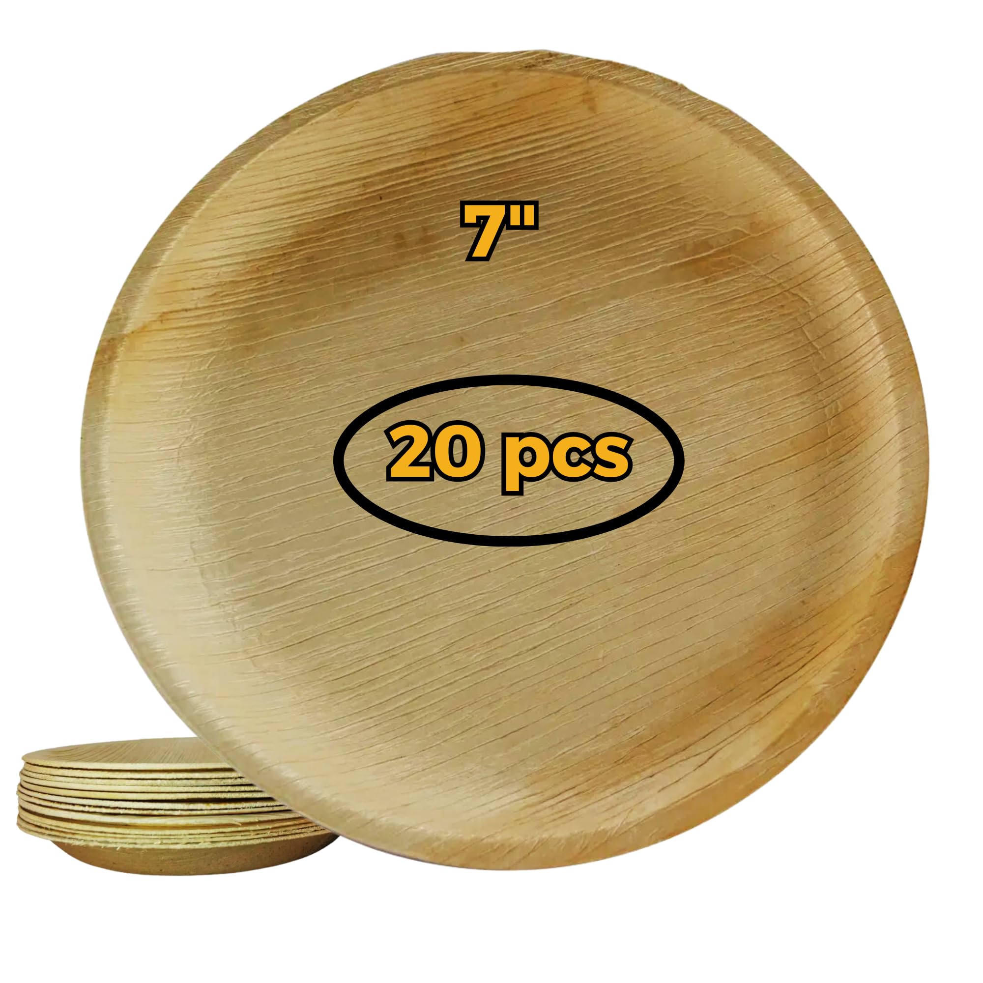 Harshu Areca Round Flatware - 20 Pack, Biodegradable Palm Leaf Plates, Eco-Friendly Disposable Tableware for Parties, Events, and Catering (Round Plate, 7" (18cm) - 20 Pack)