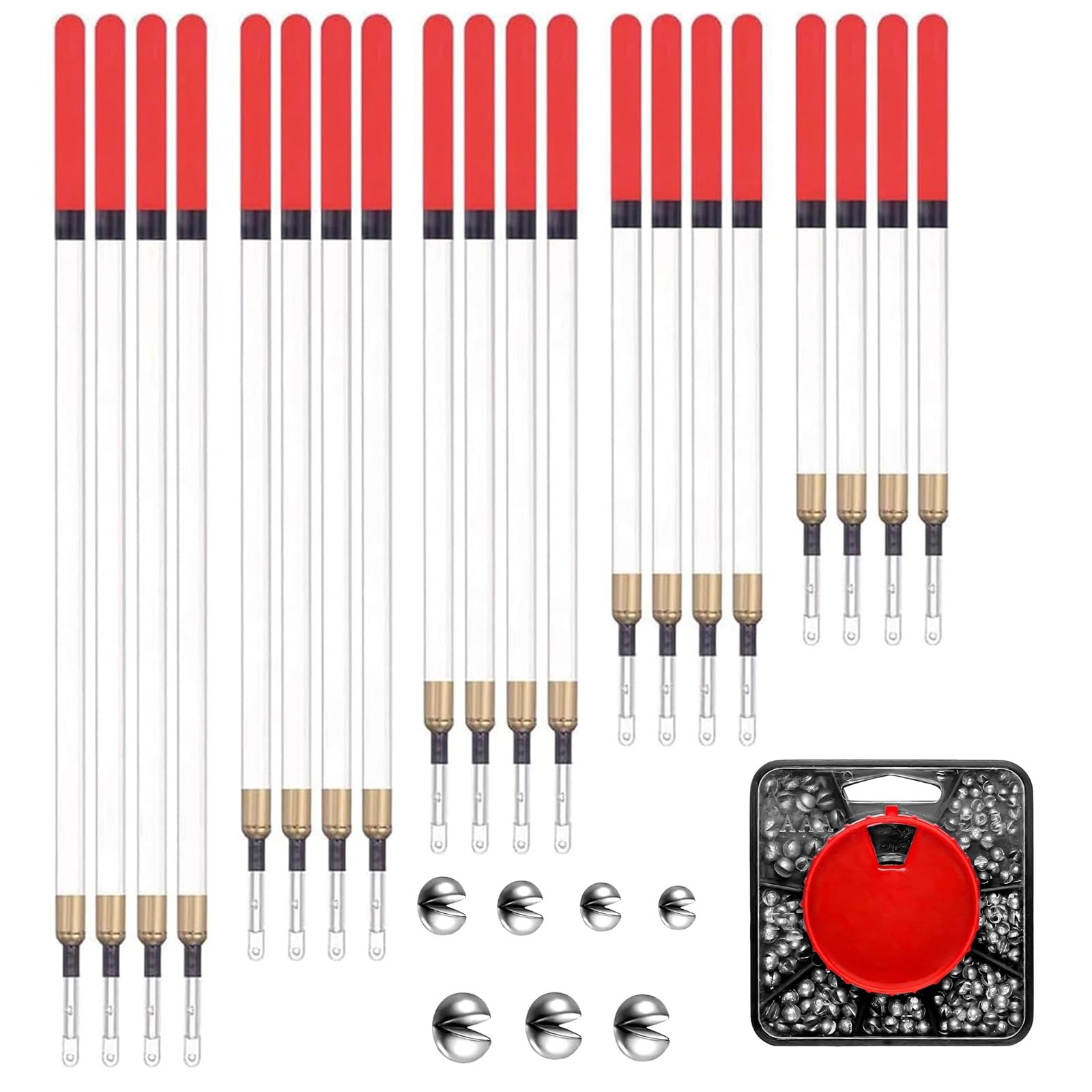 20 PCS Fishing Floats Set + 179 PCS Split Shot Fishing Weights Set, 5 Size Straight Insert Fish Floats Coarse, 7 Size Soft Metal Sinkers with Tackle Box for Fishing in Stillwater and Running Water