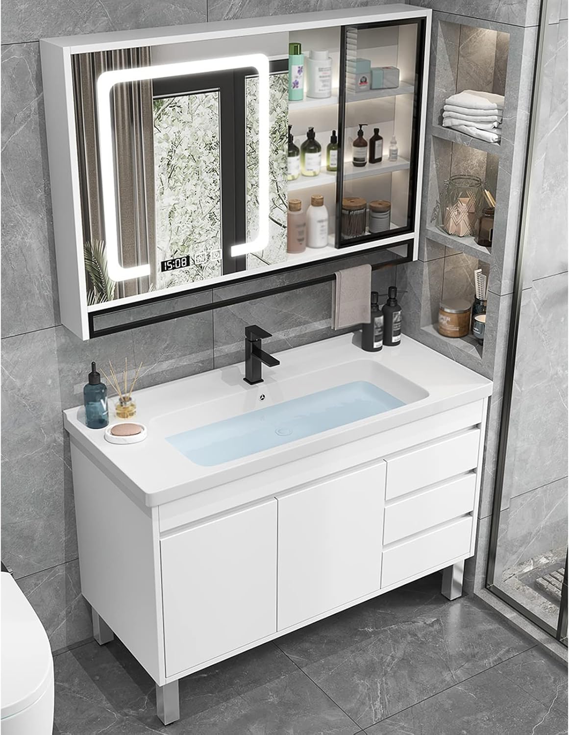 Bathroom Vanity Sink with Cabinet and Mirror Cabinet, Modern Lavatory Wall Mounted Wood Cabinet, Ceramic Freestanding Utility Handwashing Station Laundry Sink (Color : White, Size : 80cm/32in)