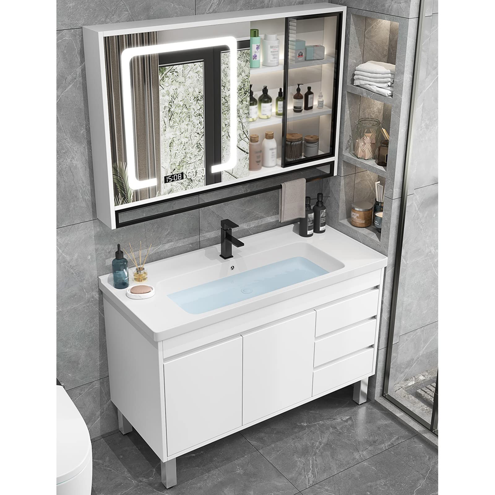 Mobiletto per Bagno Moderno con lavabo a Parete, lavabo in Ceramica e Specchio, 80 cm, Bianco