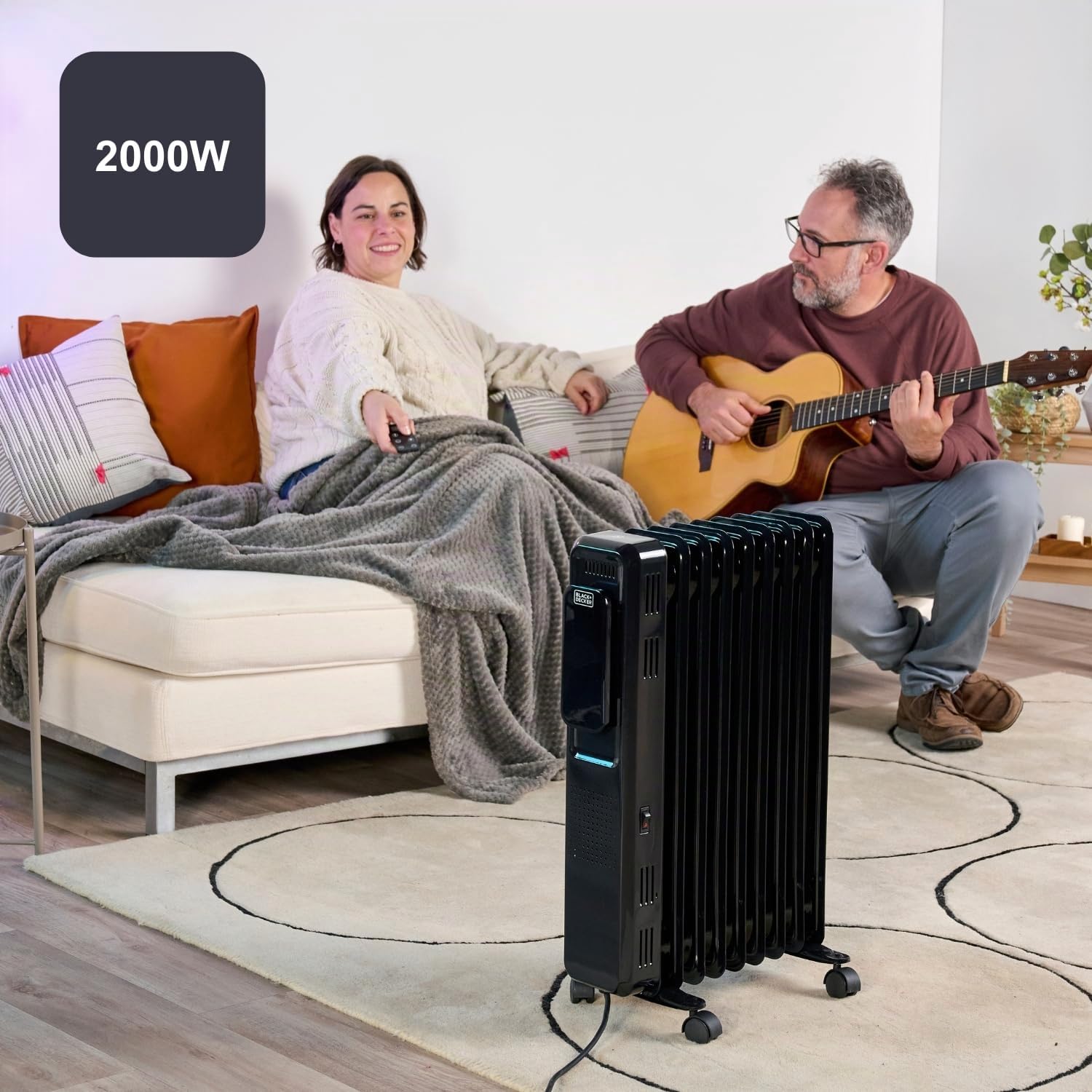BLACK+DECKER - Radiateur à huile 2000 W | Chauffage électrique | 9 éléments | 3 niveaux | Réglable | Minuterie 24 h | Ultra-silencieux | Protection surchauffe | Écran digital