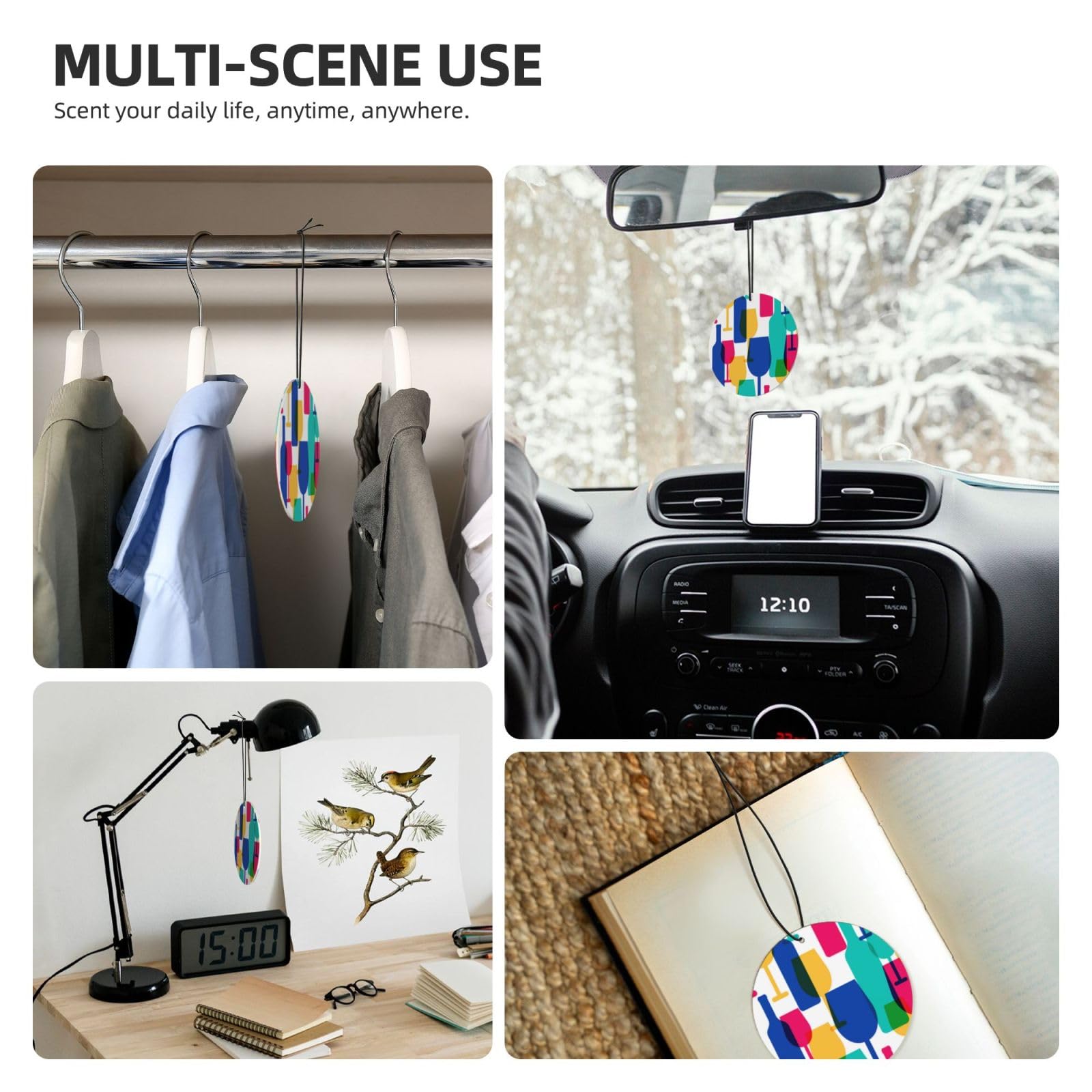 (Cocktailgläser und Weinflaschen) bedrucktes Papier, Auto-Lufterfrischer, Lavendelduft, zum Aufhängen, Geruchsentferner, 10/40/100 Stück, für Fahrzeug, Zuhause, Schrank, Kleiderschrank – runde Form