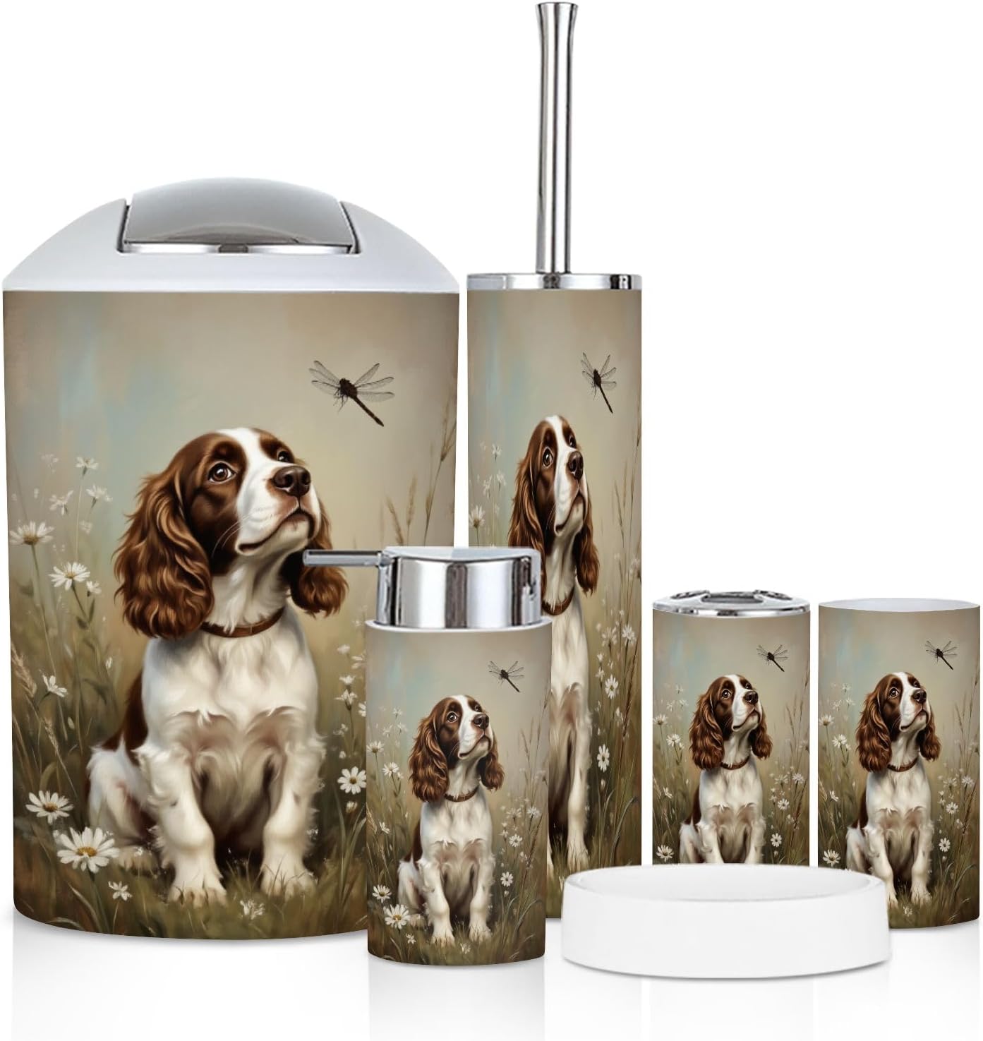 Bathroom Accessory Set 6 Piece Brown White Spaniel Dog Surrounded by Wildflowers Dragonfly Trash can, Toothbrush Holder, Soap Dispenser, Soap Dish, Toothbrush Cup, Toilet Brush Holder