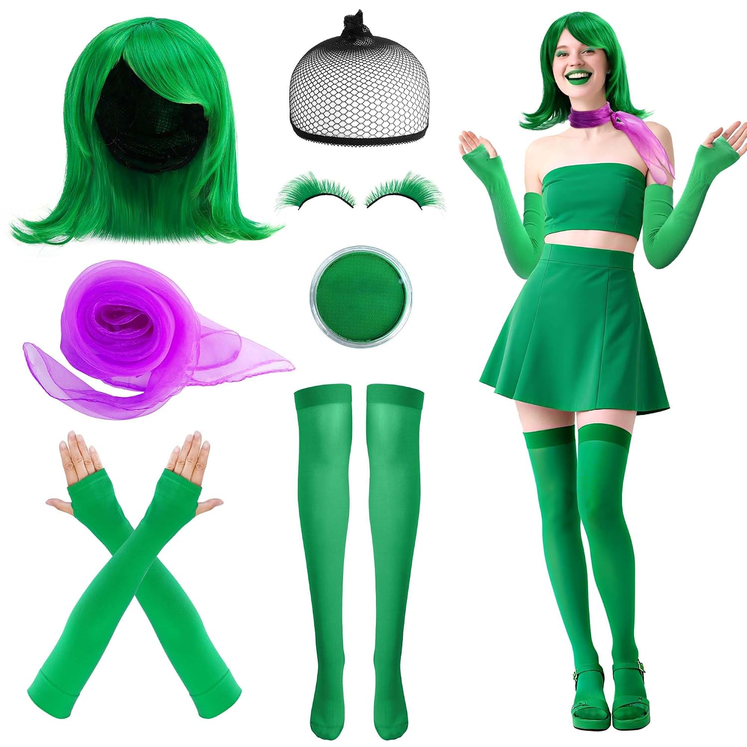 10 Pcs Girls Halloween Green Wig with Purple Scarf for Cosplay Costume