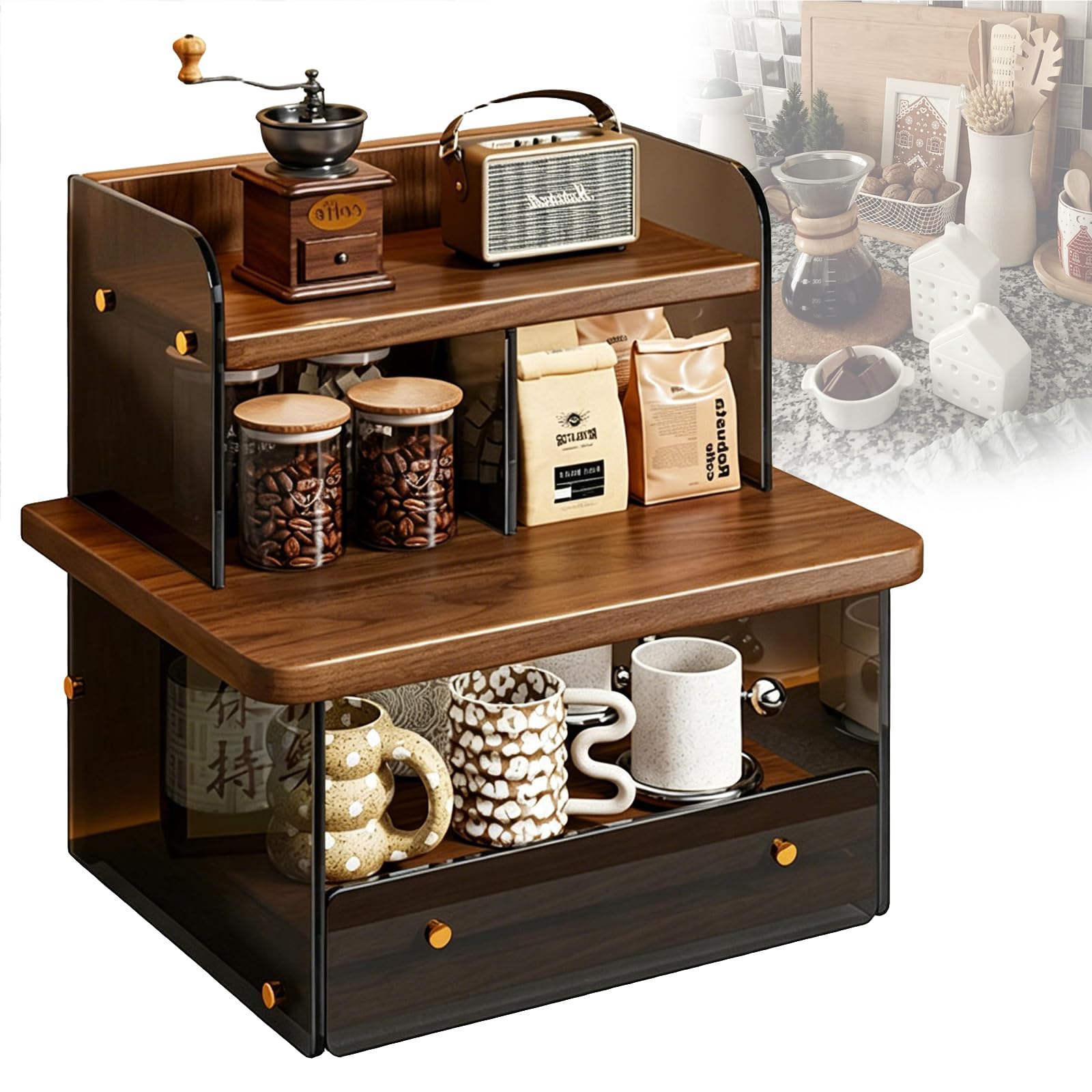 Weyot Coffee Station Organizer, Mug Holder Countertop Organizer, Acrylic Coffee Cup Display Shelf, Condiment Storage Rack for Kitchen,Living Room,Office,Coffee Bars Brown,32x26x35cm