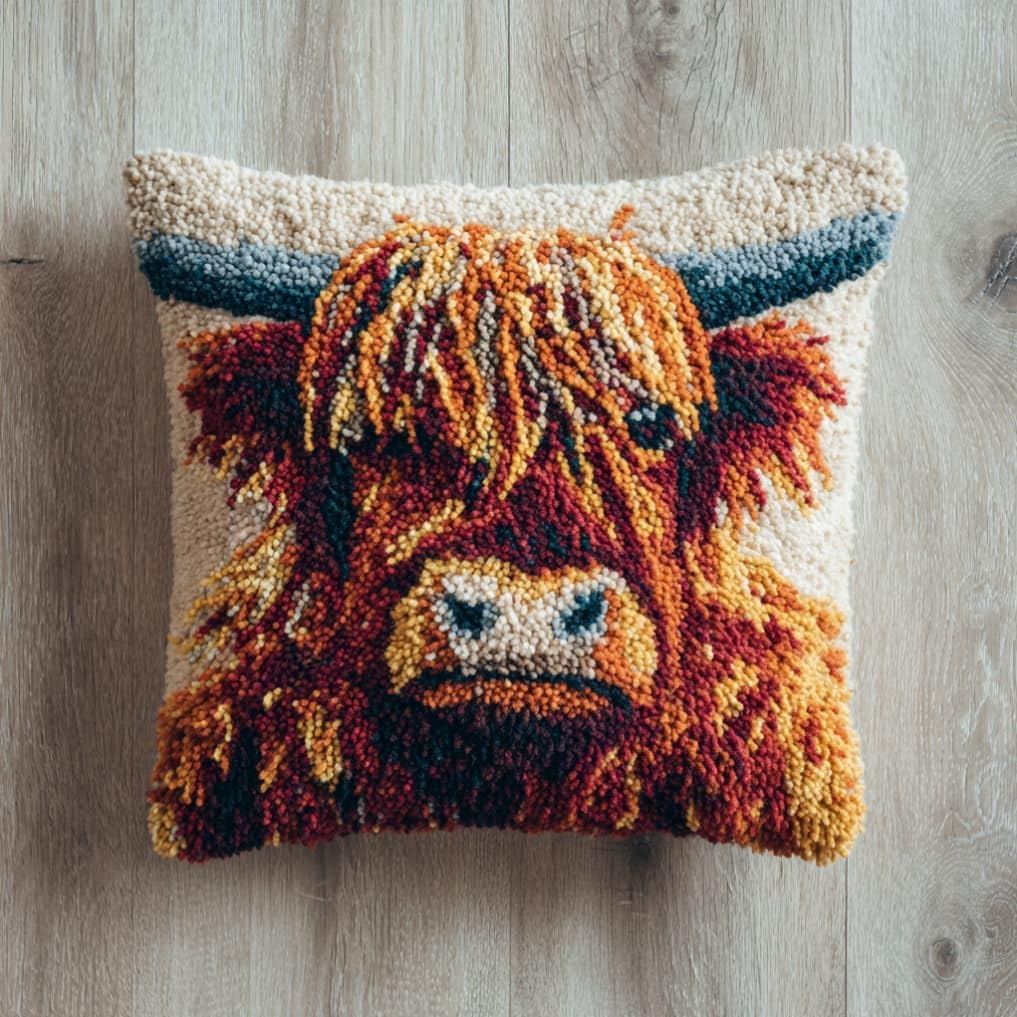 Taxpy Latch Hook Cushion Kits Highland Cattle Pillowcase Kits Embroidery Kit 17X17 Inch DIY Needlework Pillow Cover Sofa Cushion Rug Making