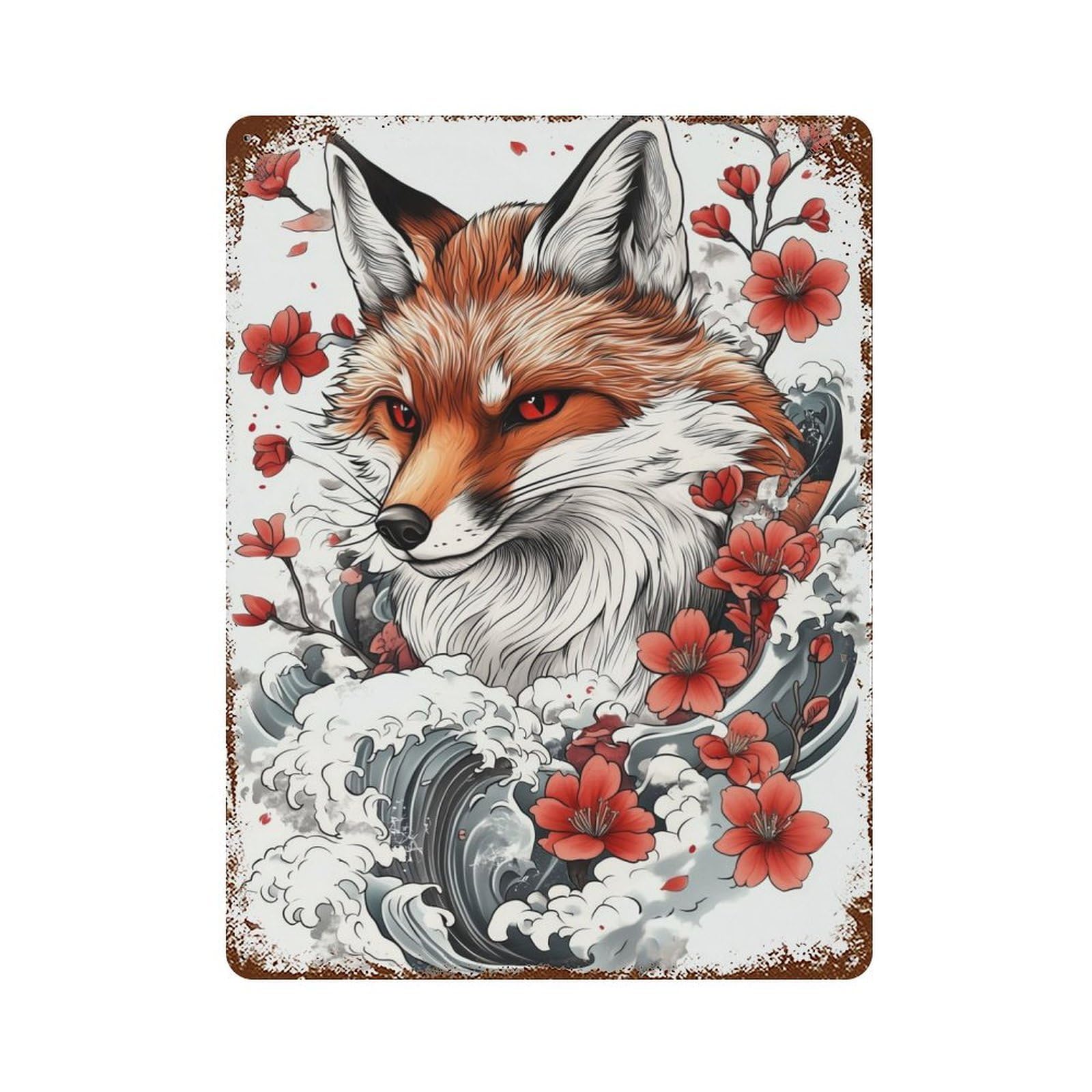 Japanese Fox Tattoo Rusty Metal Tin Sign 15.7"x11.8", for Pub, Kitchen And Man Cave Decor, Farmhouse Wall Decor