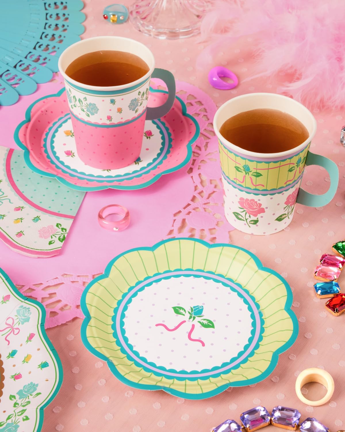 xo, Fetti Tea Party 9oz Cups and Saucers Set - 32 Piece Drinkware Set | Garden Party, Fancy Birthday, Easter, Pastel, Floral, Coquette, Vintage