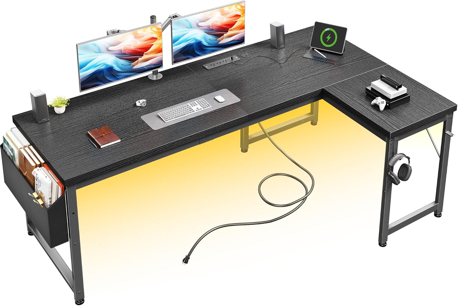 Durayloly 63 Inch L-Shaped Gaming Desk with Power Outlets, 0.95" Thick Desktop, LED Lights & Storage - Reversible No-Wobble Corner Desk for Home Office