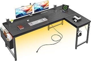 Durayloly 63 Inch L-Shaped Gaming Desk with Power Outlets, 0.95" Thick Desktop, LED Lights & Storage - Reversible No-Wobble Corner Desk for Home Office