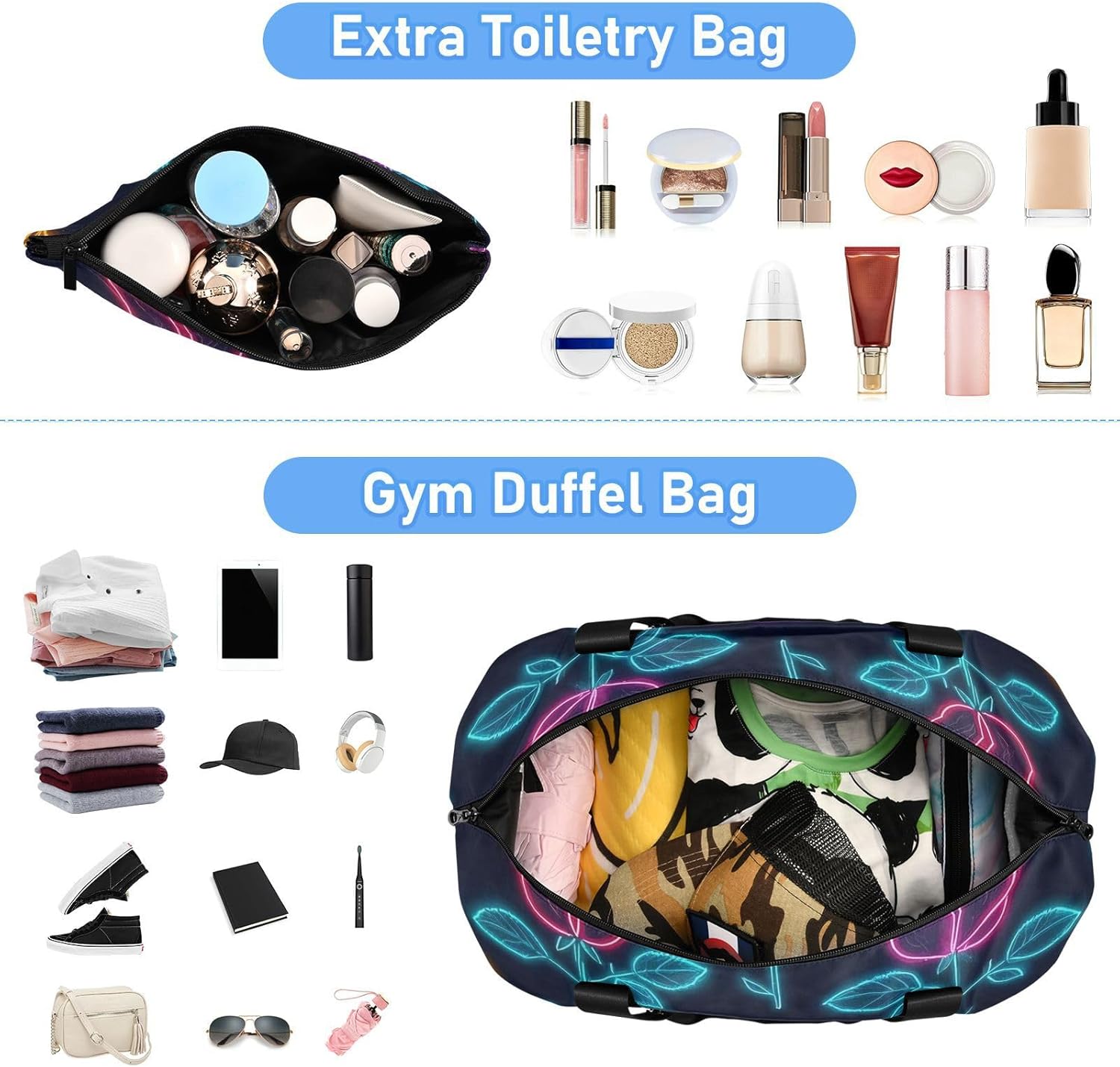 Colorful Neon Fluorescent Roses Sports Gym Bag Carry On Tote Bag with Adjustable Strap for Travel Foldable