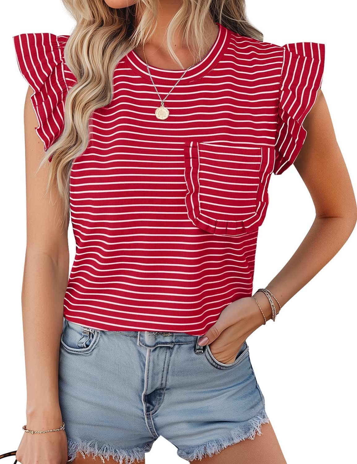 JUSTFASHIONNOW Womens Summer Tops Striped T-Shirts 2026 Ruffle Short Sleeve Crew Neck Casual Blouses with Pocket - Image 2
