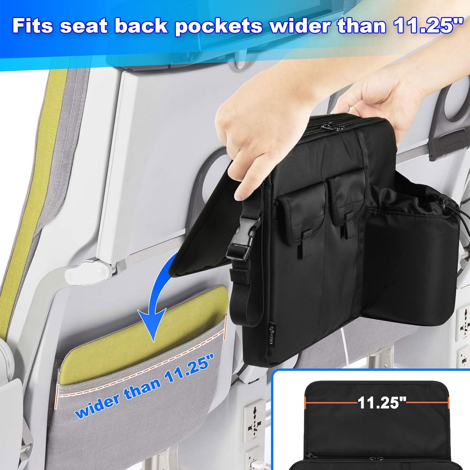 Cosmos Airplane Seatback Organizer Flight Seat Back Storage Bag Hanging Pocket with Adjustable Shoulder Strap, Commuter Shoulder Bag Travel Essentials Media Pouch for Personal Items