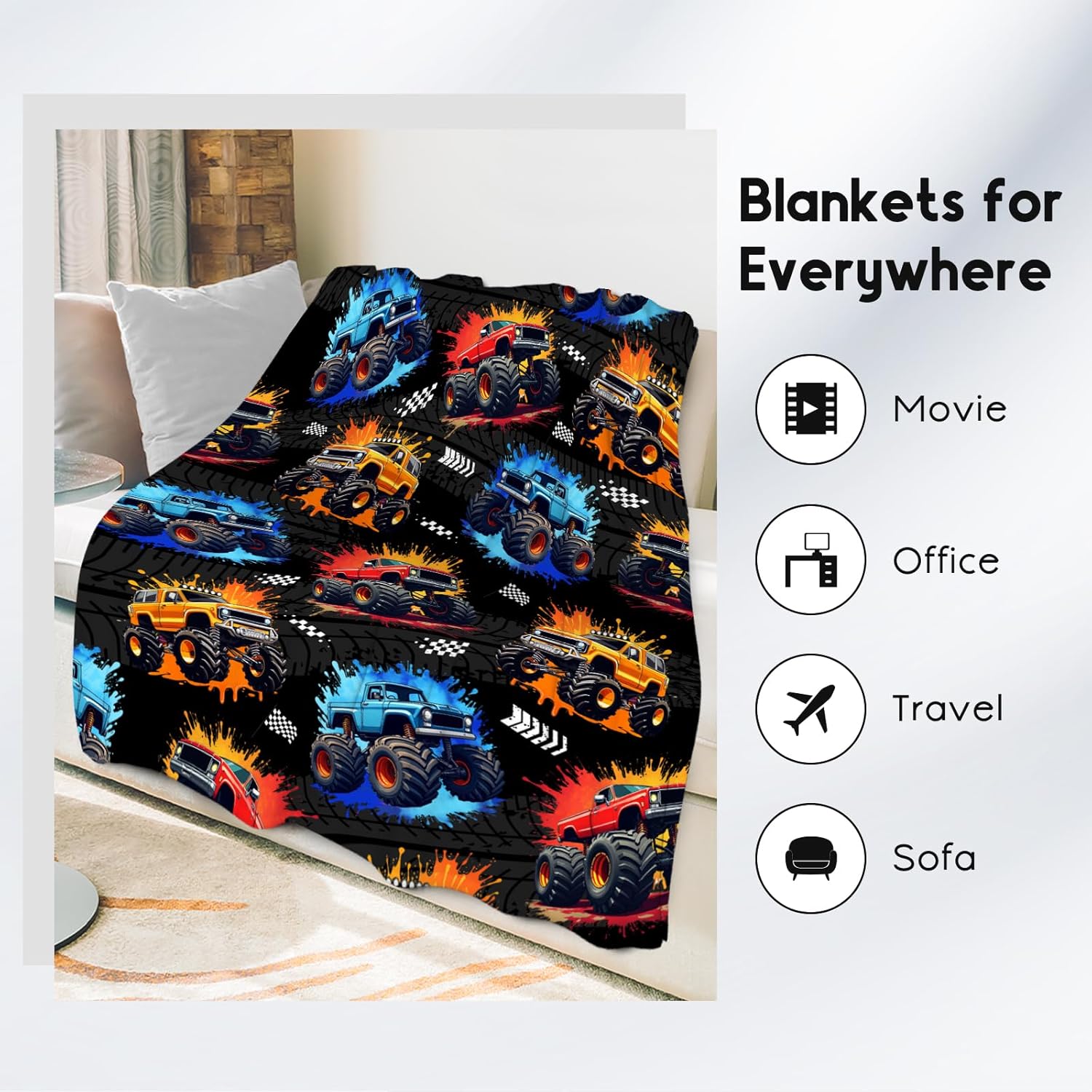 Boys Blanket - Truck Blankets for Kids Teens - Plush Cozy Flannel Large Throws - Car-Themed Gifts for Son (50"x60")