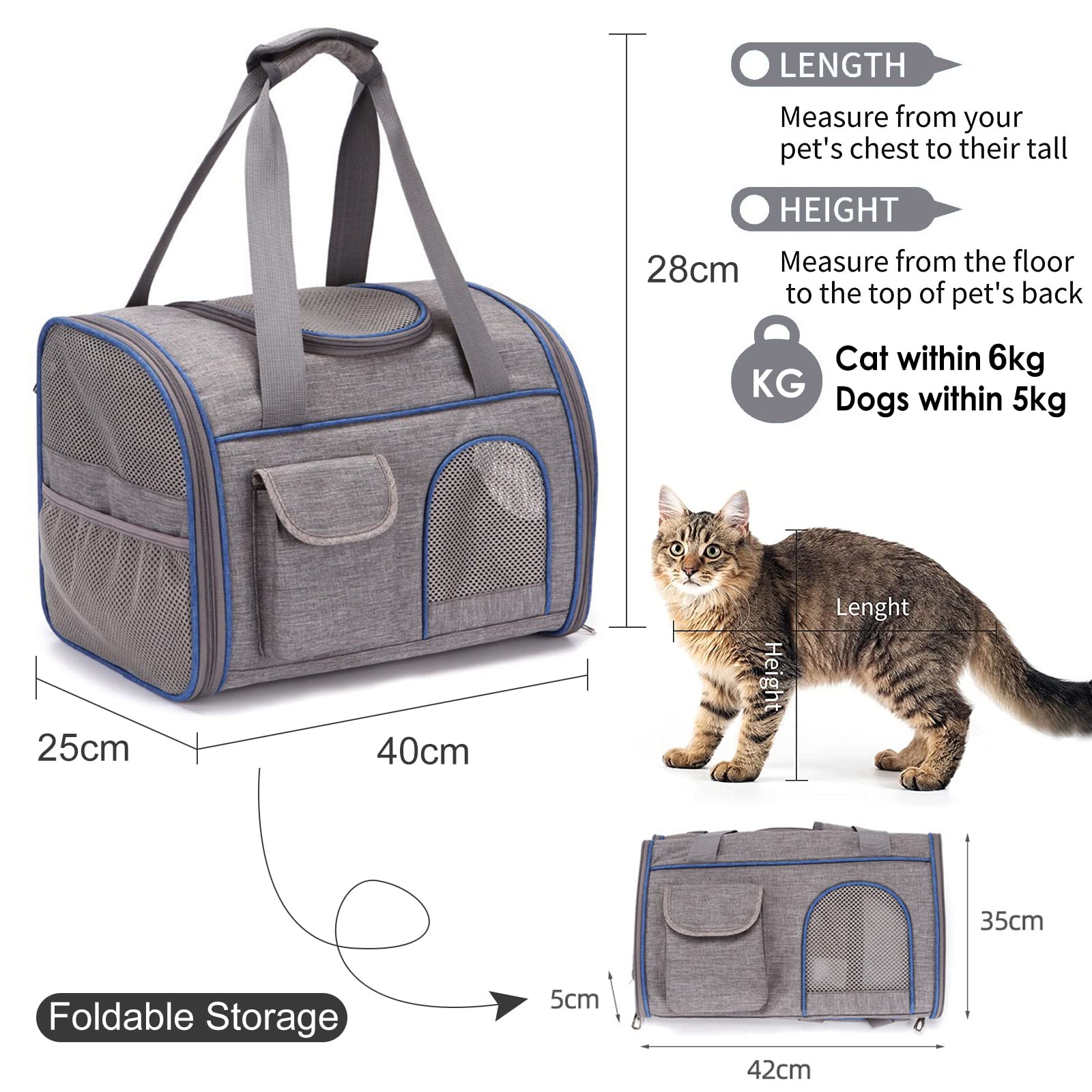 PETCUTE Mochilas para Perros Gatos,Mochila Transportín Gato,Mochila Plegable Transportin para Perro Gato,Transpirable Bolsa de Transporte para Mascotas Gatos Perros con Almohadilla Removible