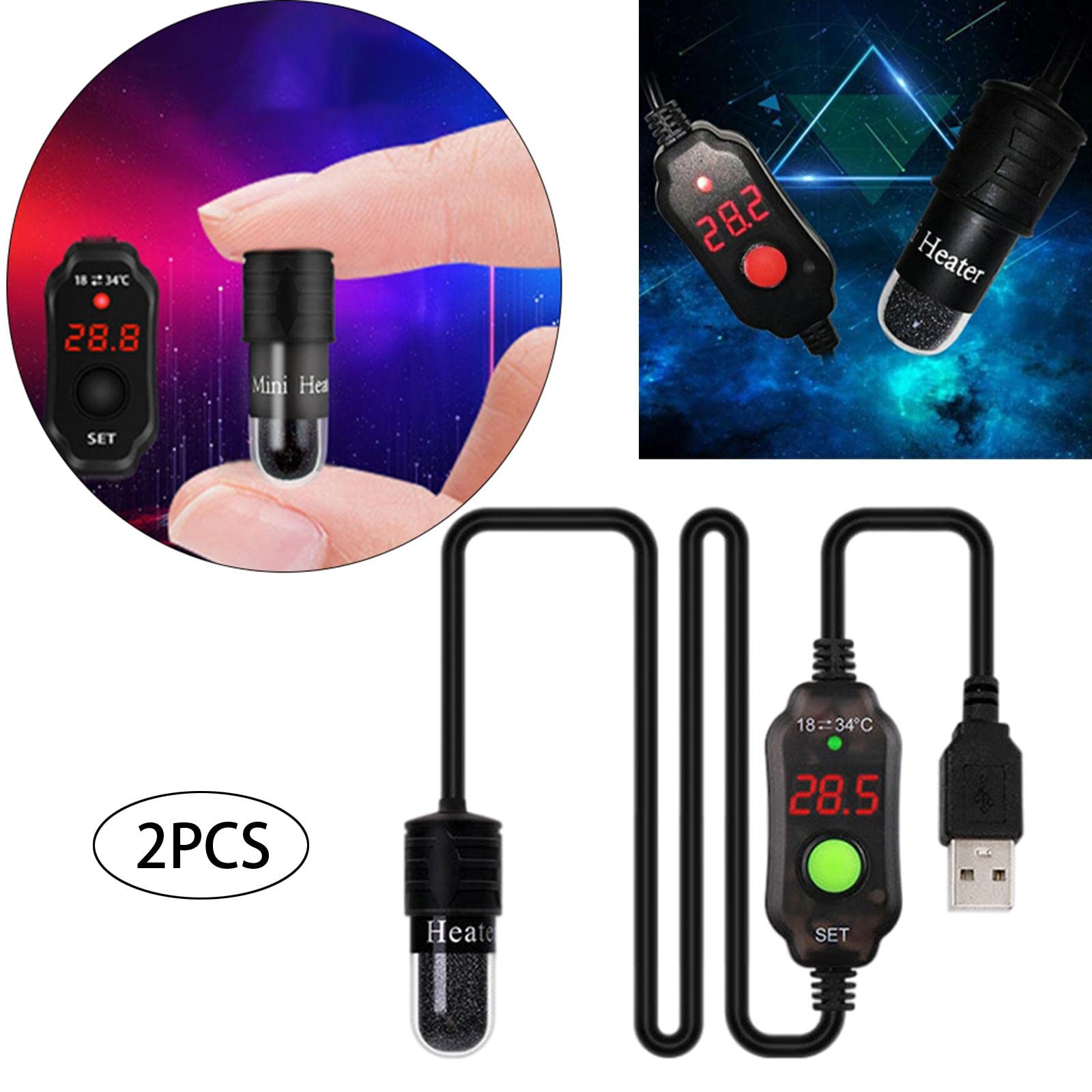 Milageto 2X Calentador de Acuario Varilla de Termostato Sumergible Mini USB Control de Temperatura Ajustable Protección de Nichrome Adecuado para Peceras Mini