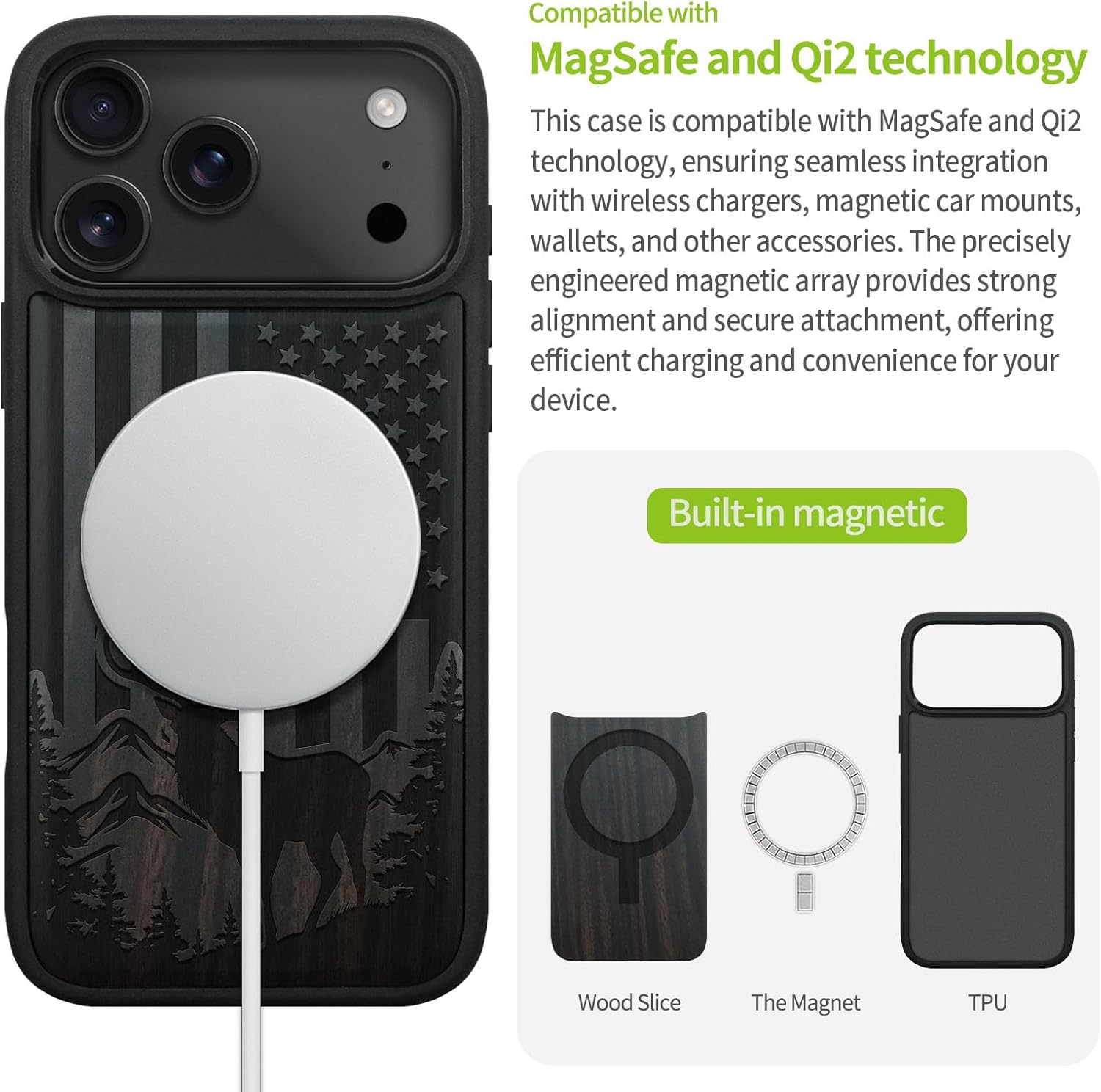 Carveit Magnetic Wooden Case for iPhone 17 Pro Case, Wood Artisan Engraved & Black Soft TPU Shockproof Cover, Compatible with MagSafe Wireless Chargers (Patriotic Elk Majesty) Blackwood