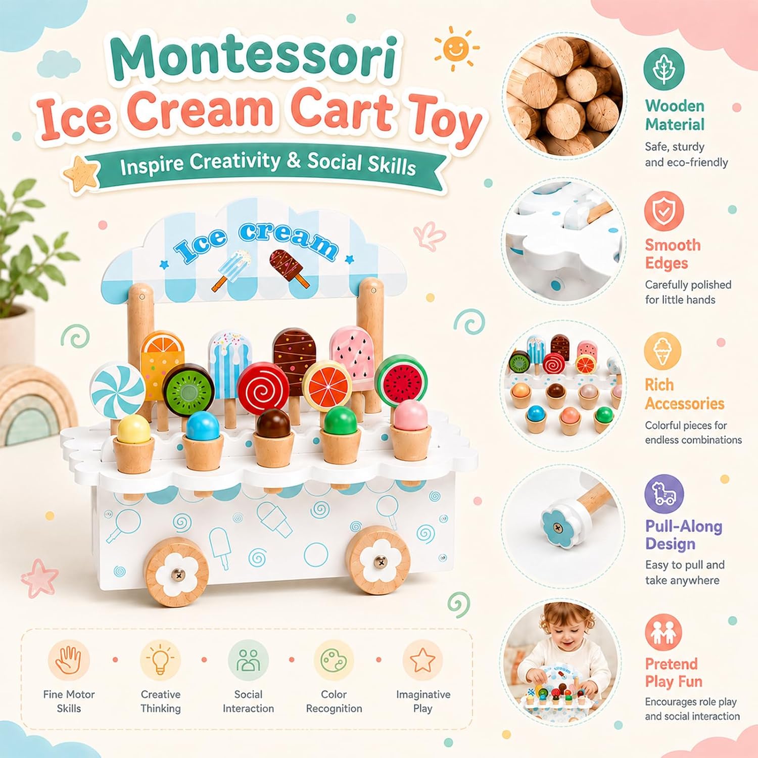 Wooden Ice Cream Cart Toy, Montessori Pretend Play Food Set with Popsicles, Lollipops & Ice Cream Cones, Pull Along Dessert Stand, Fine Motor Skills Gift for Toddlers Kids Ages 3+