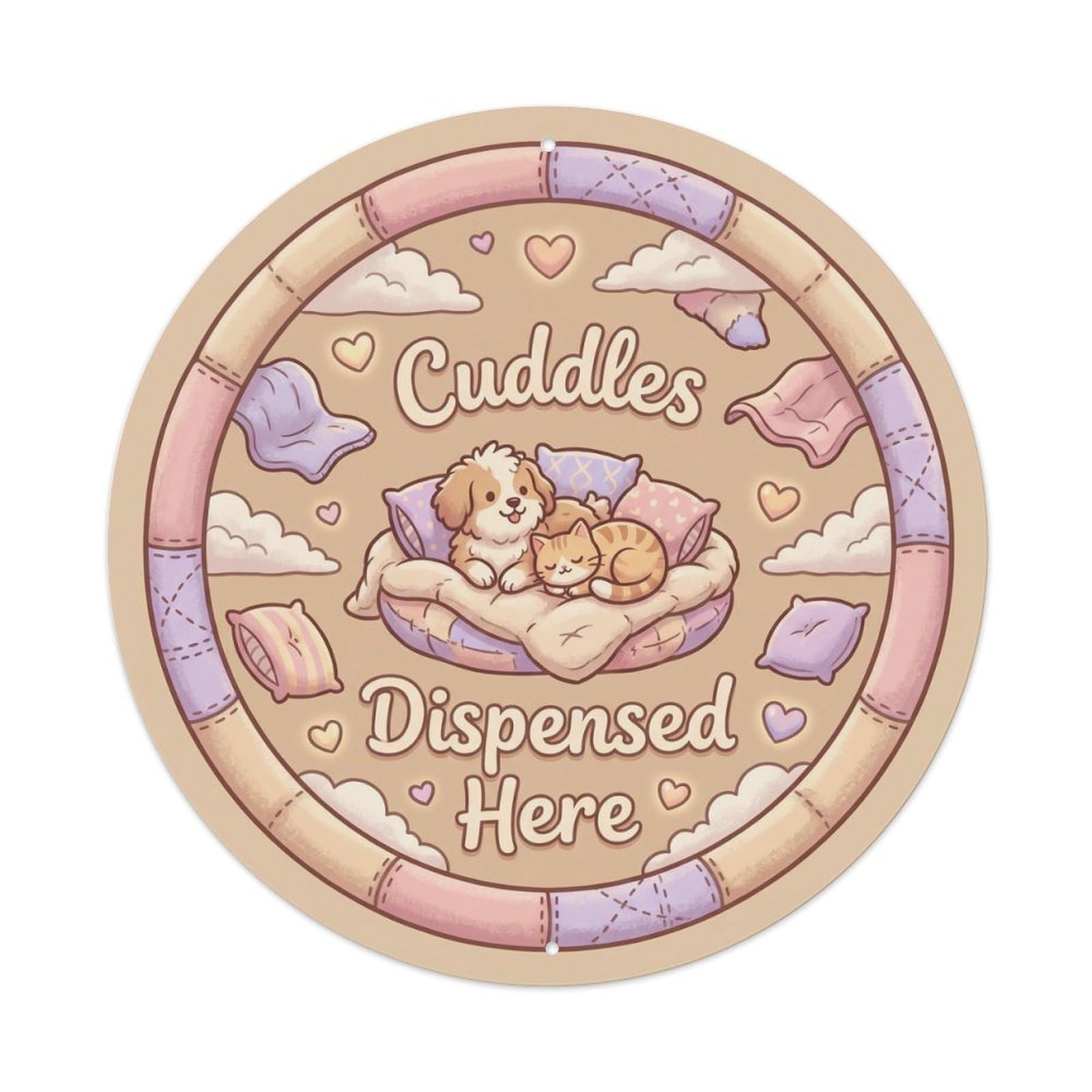 Vintage Cuddles Dispensed Here Comfort Metal Tin Sign Plaque Wall Decor for Cafe, Club, Garden Round Metal Poster 8x8Inch