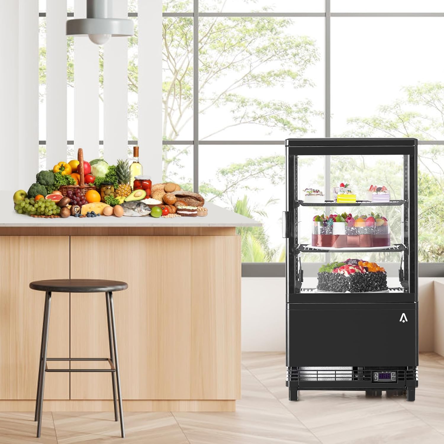 Refrigerated Display Case, 2.0Cu.Ft, Countertop Pastry Display Case Commercial Display Refrigerator with LED Lighting, Frost-Free Air-Cooling, Locked Door for Bakery