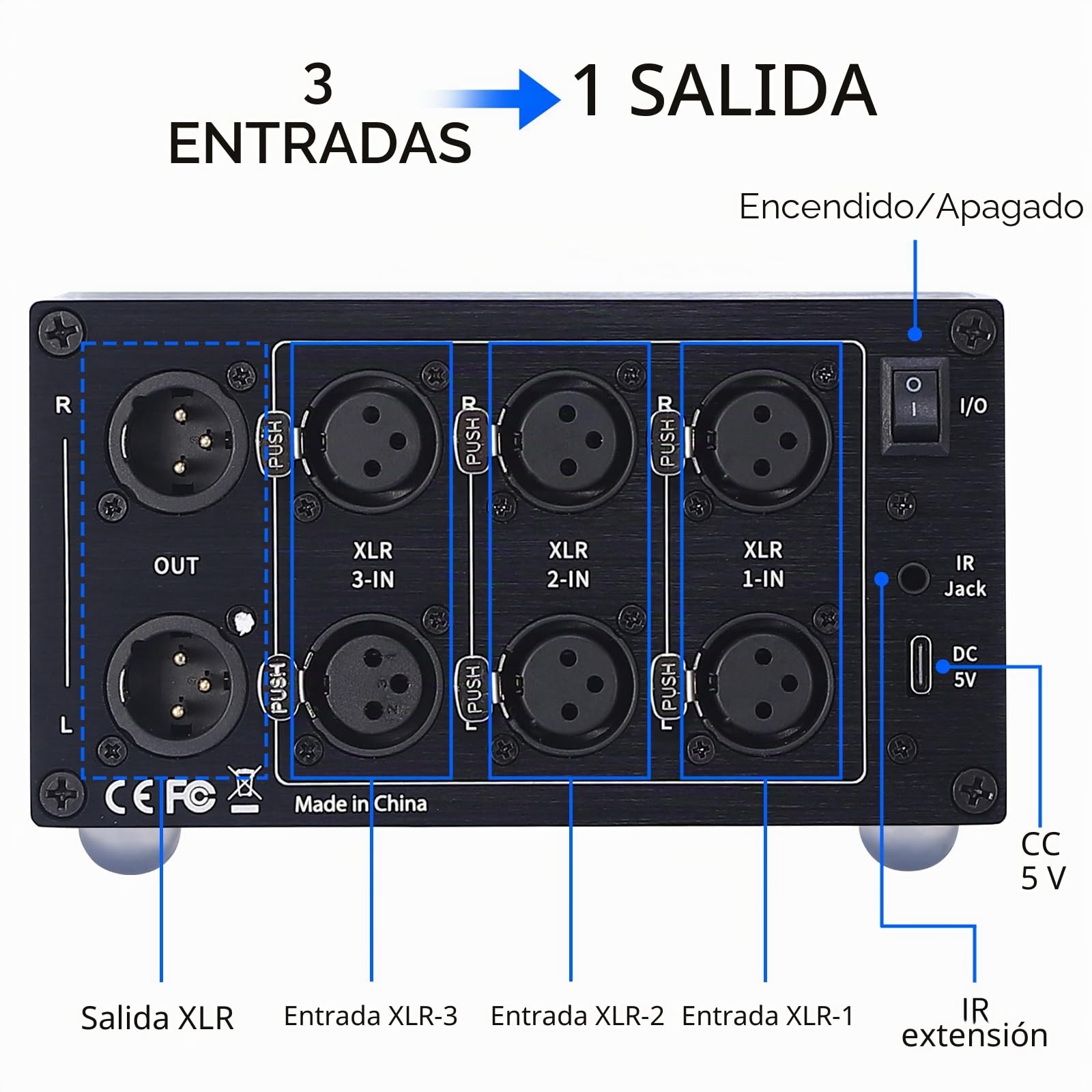 AtDcNeVh XLR - Conmutador de audio 3 en 1, convertidor de interruptor de audio equilibrado XLR de 3 vías, altavoces XLR, amplificadores, caja selector de audio, con control remoto