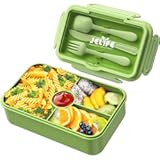 Jelife Bento Box Kids Lunch Box - Large Bento-Style Leakproof with 4 Compartments Food Storage Container with Tableware for Kids Back to School, Reusable On-the-Go Meal and Snack Packing, Green