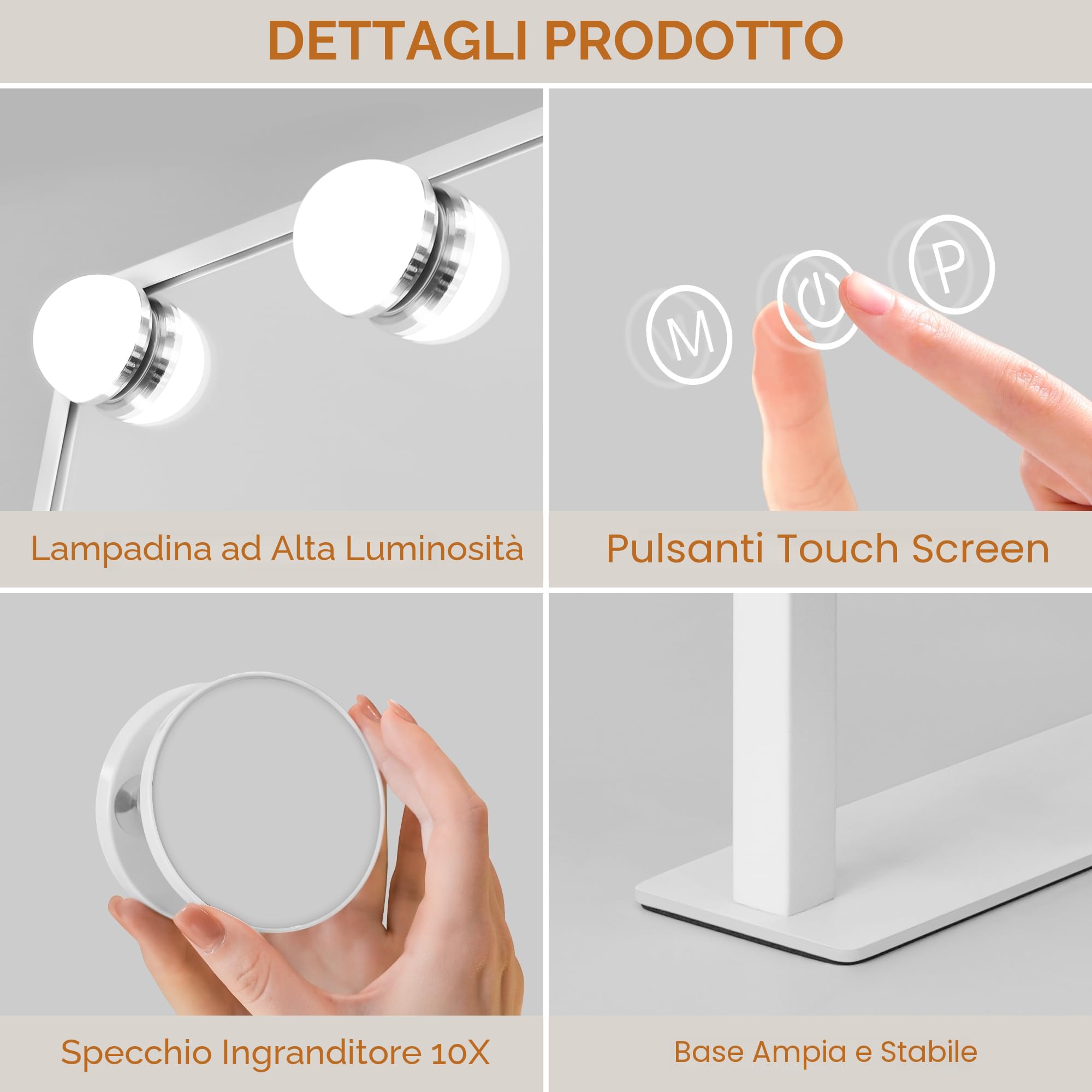 LuxeVue Hollywood Specchio da trucco con luci, specchio illuminato con luce a 3 colori e 9 lampadine a LED dimmerabili, schermo touch intelligente e rotazione di 360 gradi