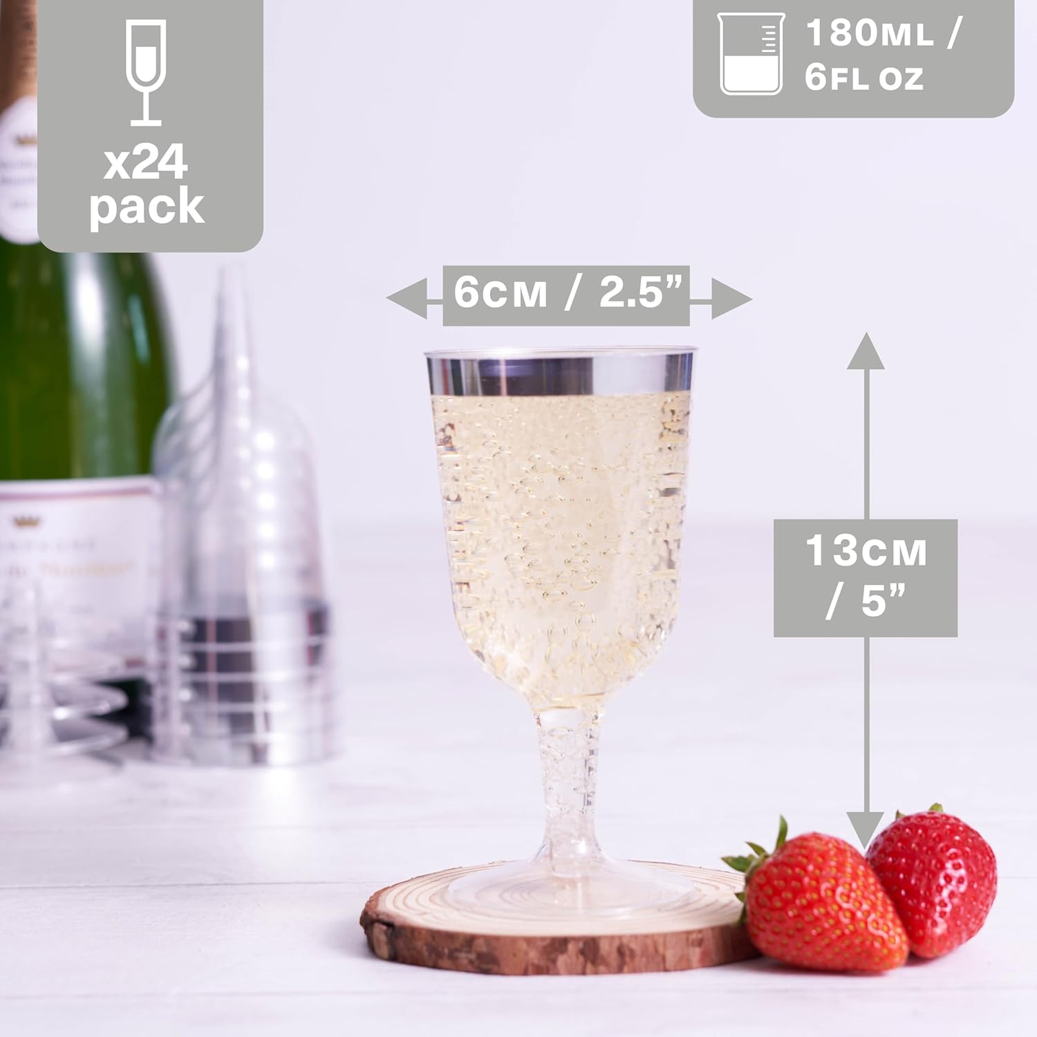 MATANA 24 Elegant Clear Hard Plastic Wine Glasses Silver Rim 6 oz - Sturdy & Reusable Glasses for Cocktails, Dessert - Birthdays, Weddings, Christmas, BBQ, Picnic, Parties, Bulk Pack - Image 2