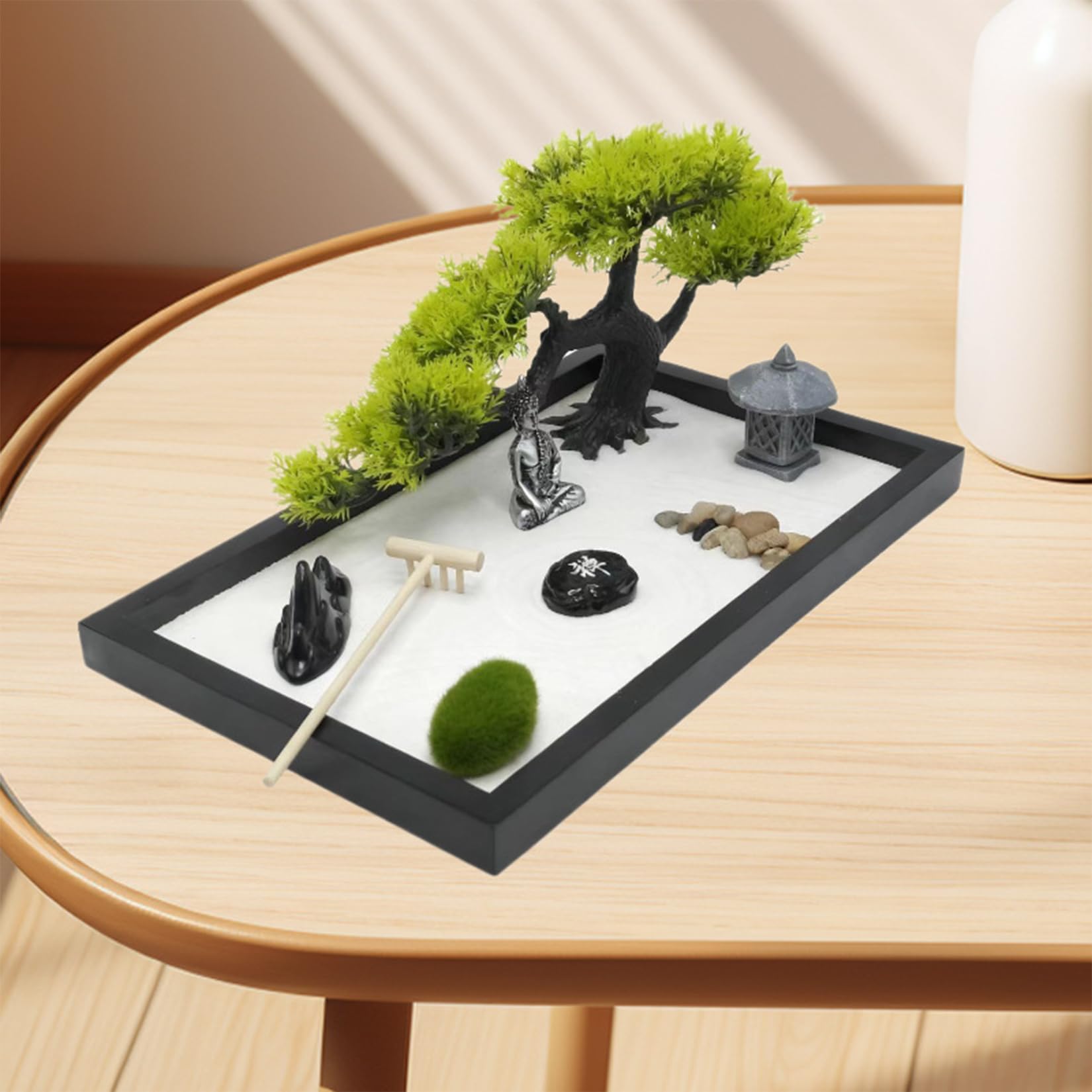 Giardino zen da tavolo in miniatura 12x8 pollici Contiene Statua Barra di spinta Sabbia Vassoio Pietre ecc Per la decorazione fai da te a casa o in ufficio come regali di meditazione