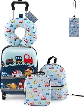 Goplus 5 Piece Kids Luggage Set, 16 Carry on Suitcase w/13 Backpack, Neck Pillow, Hardside Spinner Toddler Luggage, Travel Rolling Suitcase for Boys Girls Gifts Blue, Car