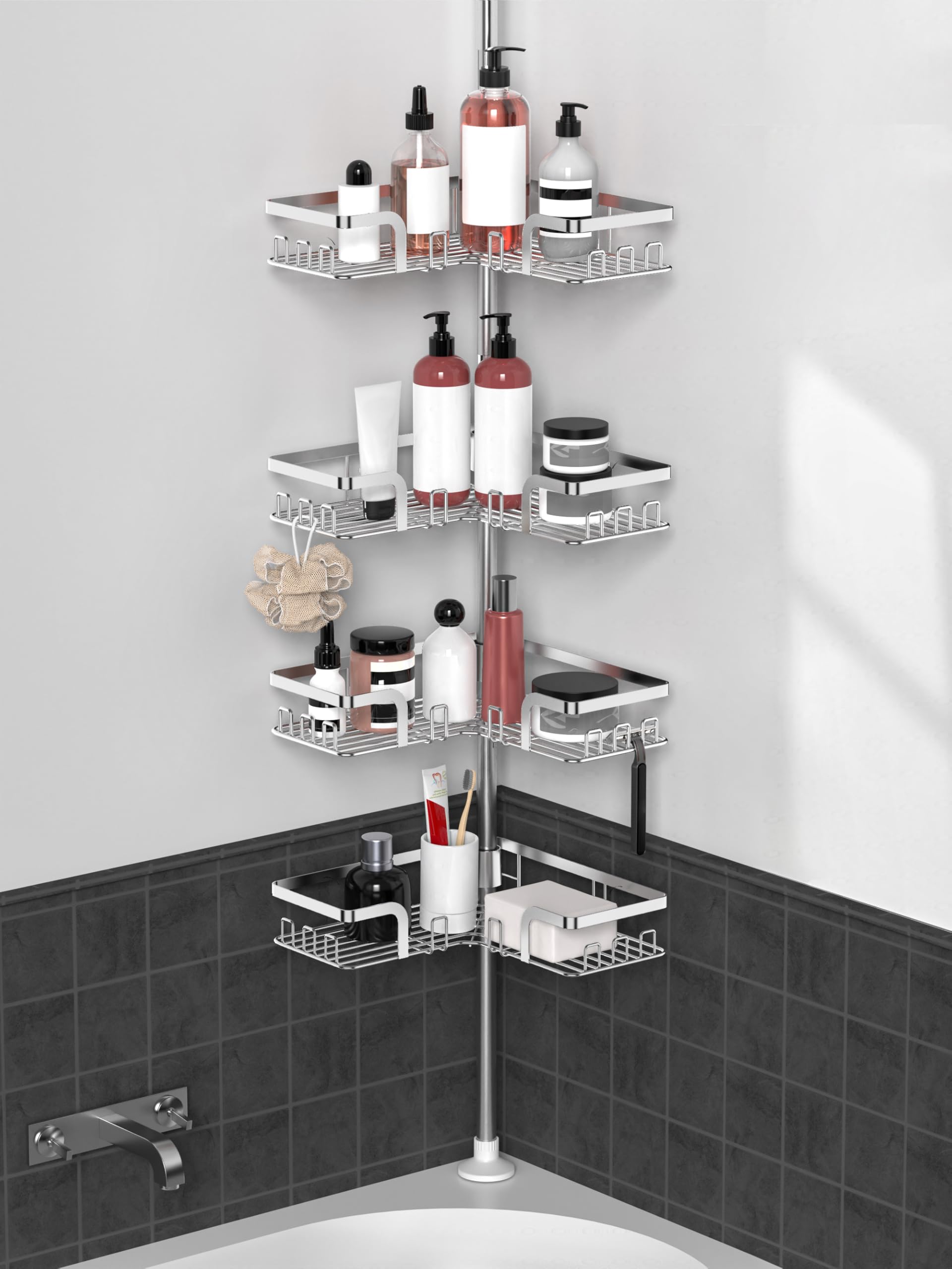 Kegii Telescopic Shower Caddy Corner - Silver Shower Shelf No Drilling Standing Bathroom Organiser Stainless Steel Bathroom Shelf with Hooks