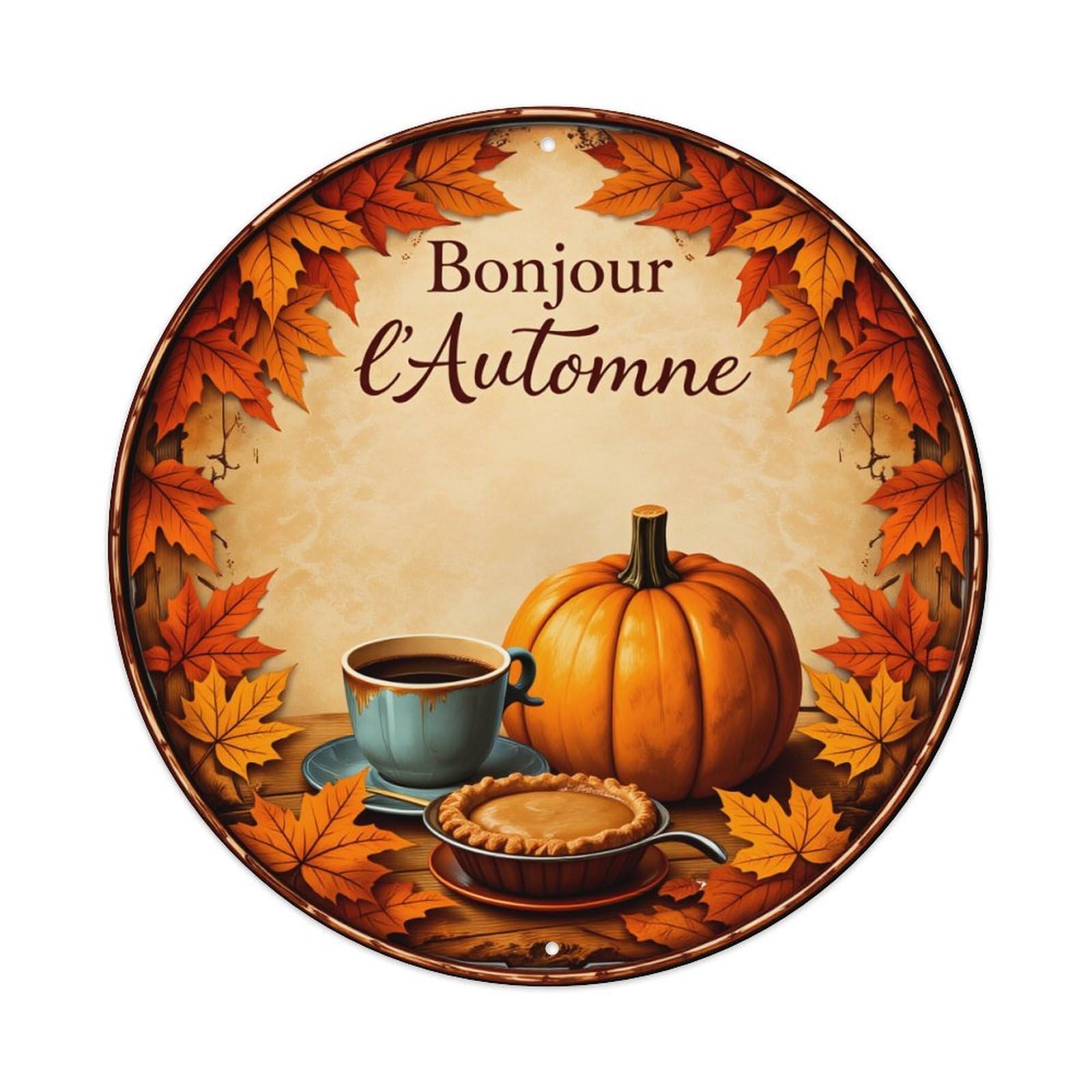 Autumn Leaves Pumpkin Pie Coffee Round Tin Sign Vintage Style Metal Sign Home Bar Garden Wall Plaque Decor Metal Poster 8x8 Inch