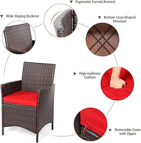 Miniatura 2 de Juego de muebles de patio de 3 piezas, muebles de mimbre para exteriores con cojín resistente al agua y mesa superior de vidrio templado, juego de