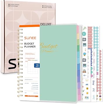 SUNEE Budget Planner - Deluxe Monthly Budget Book with 12-Pockets for Bill Organizer, Undated 12 Month Expense Tracker Notebook & Account Book B5 Size 8" x 10" to Manage Your Finance Planner, Green