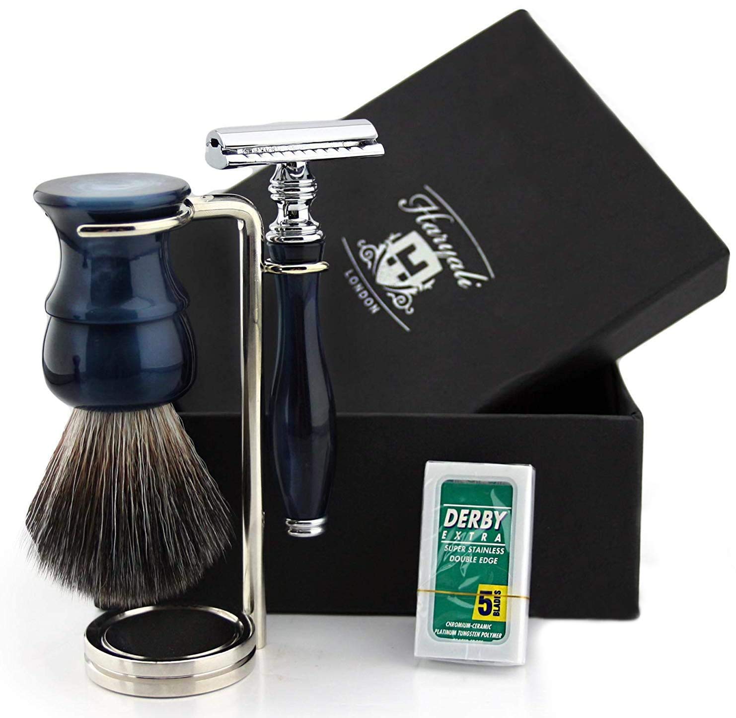 Vintage Stil Traditionelle Nass Rasier Set - 3 Teile Doppel Rasierhobel & Synthetik Dachshaar Rasierpinsel Special Edition
