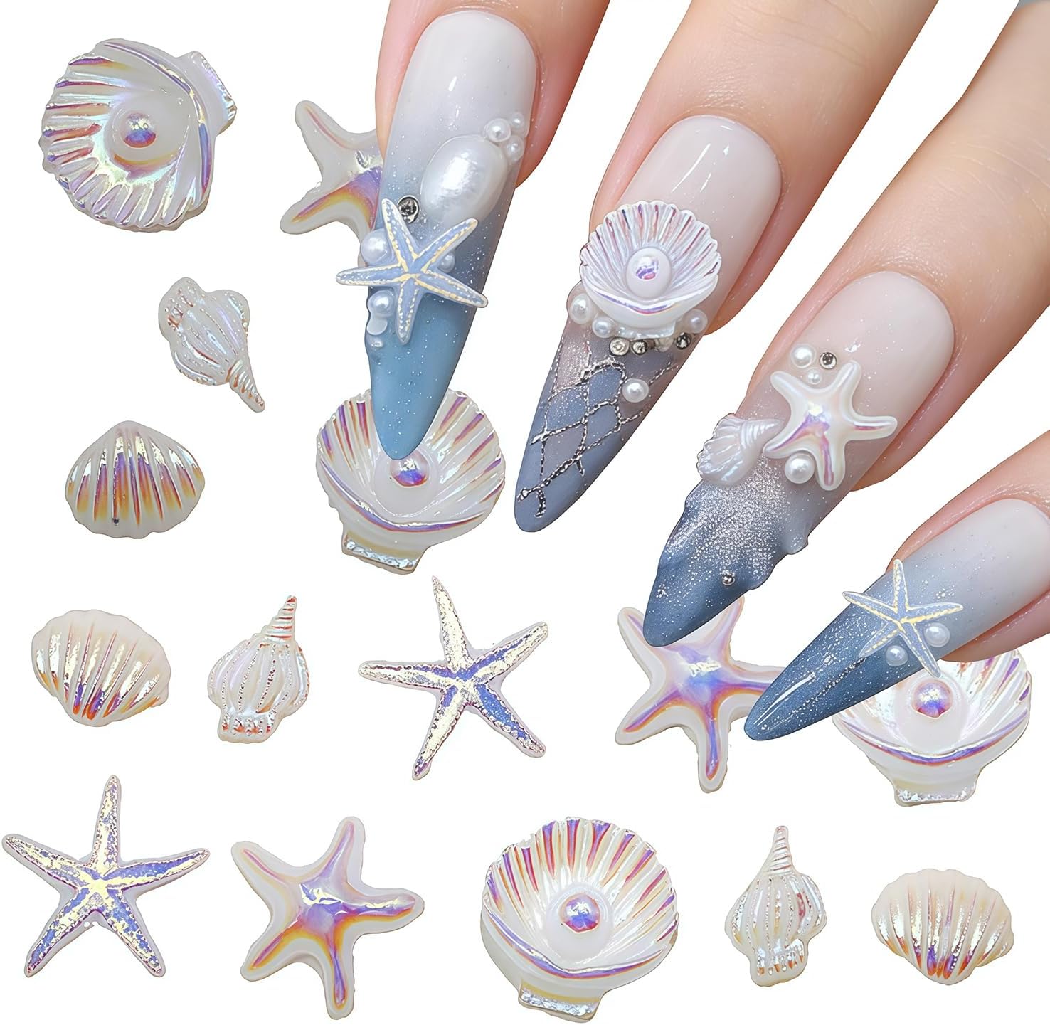 50Pcs Beach Nail Charms Ocean Theme Starfish Shell Nail Rhinestones Summer Beach Multi Shape Nail Jewels and Gems Cute Nails Charms Manicure Decoration DIY Accessories Kit for Women