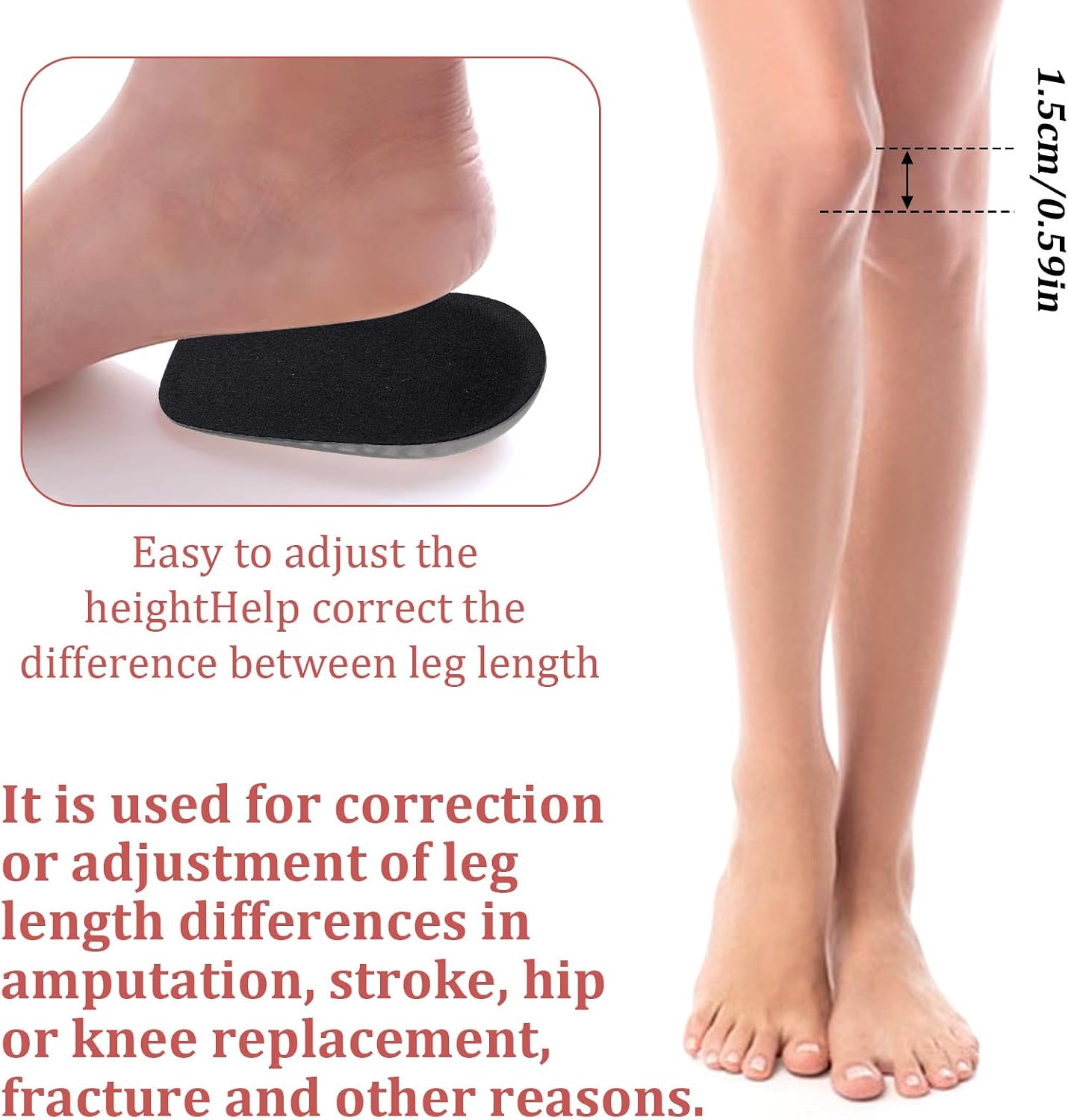 1/2 Inch Heel Lifts, Gel Heel Raisers for Leg Length Discrepancies Black Foot Height Increase Insoles Soft Shoe Lifts for Women Men Uneven Legs Comfort Half Foot Insoles for Heels Pain, 1 Pair