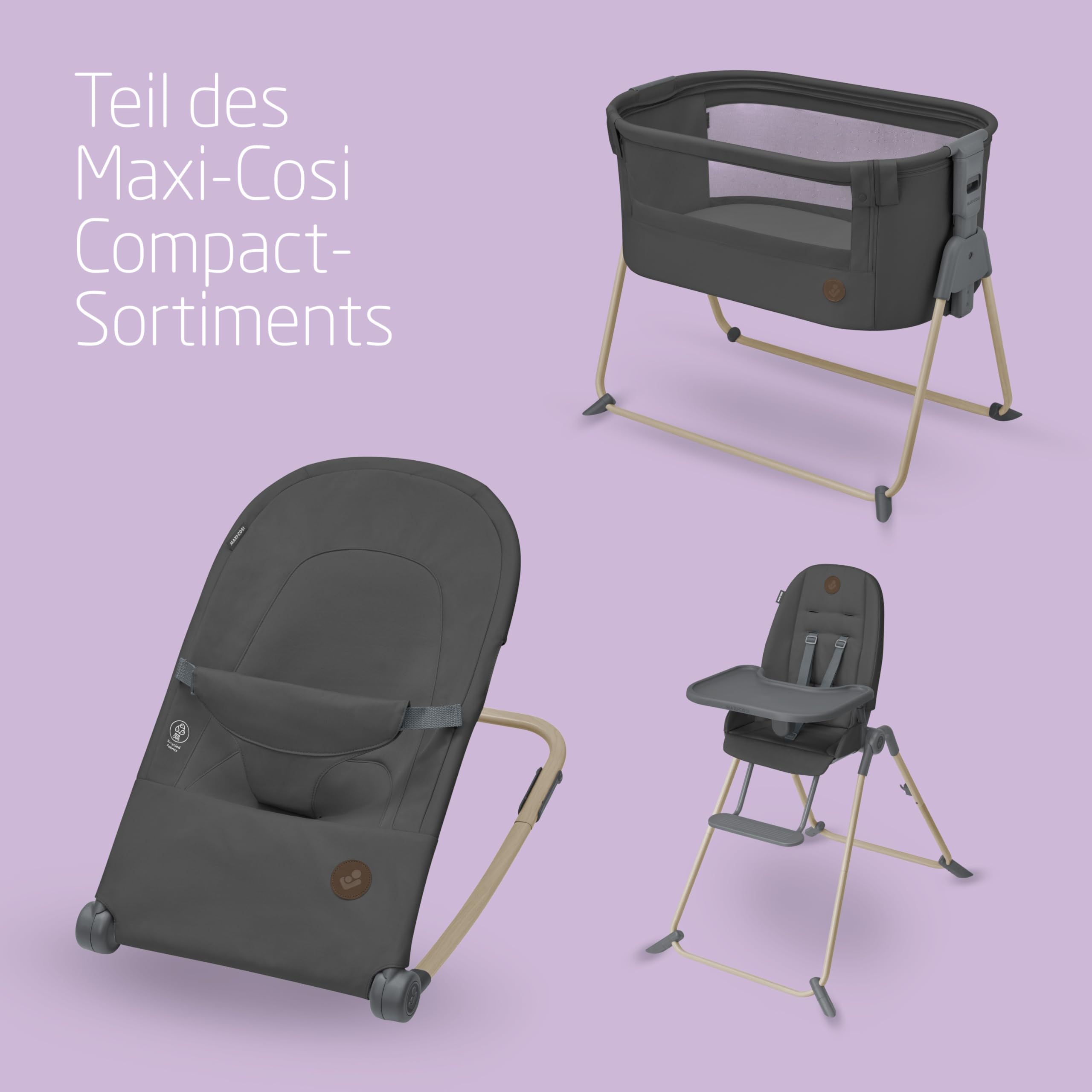 Maxi-Cosi Loa Babywippe, ultrakompakt zusammenklappbare, leichte Babywippe, 2 Liegepositionen, tragbare Babywippe aus 100 % Recyclingmaterialien, 0 bis ca. 2 Jahre, 0–12 kg, Beyond Graphite