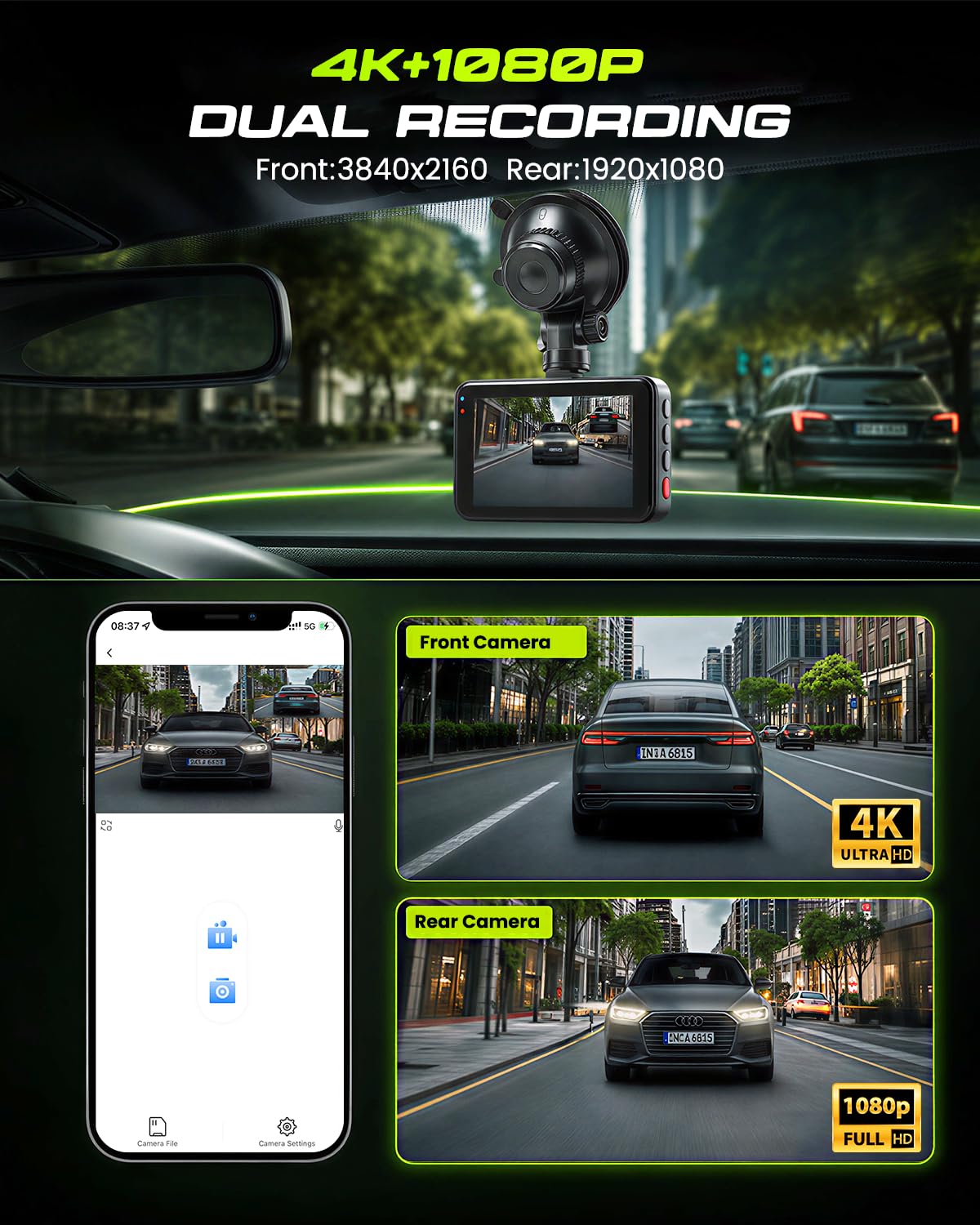 Inefala Dash Cam 4K Fronte Retro WiFi, 64GB, Schermo 3 Pollici