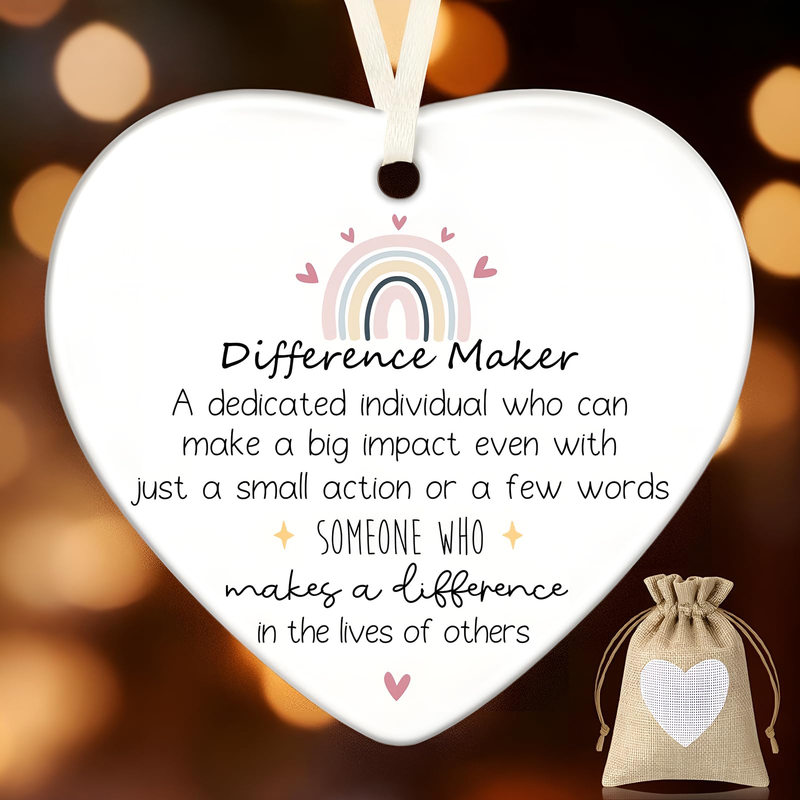 Geiserailie 2 Pcs Appreciation Gifts Set Difference Maker, Inspirational Ceramic Ornament with Burlap Bag, Gifts for Teachers, Friends, Employees, Coworkers, Family, Colleague, Christmas Decoration