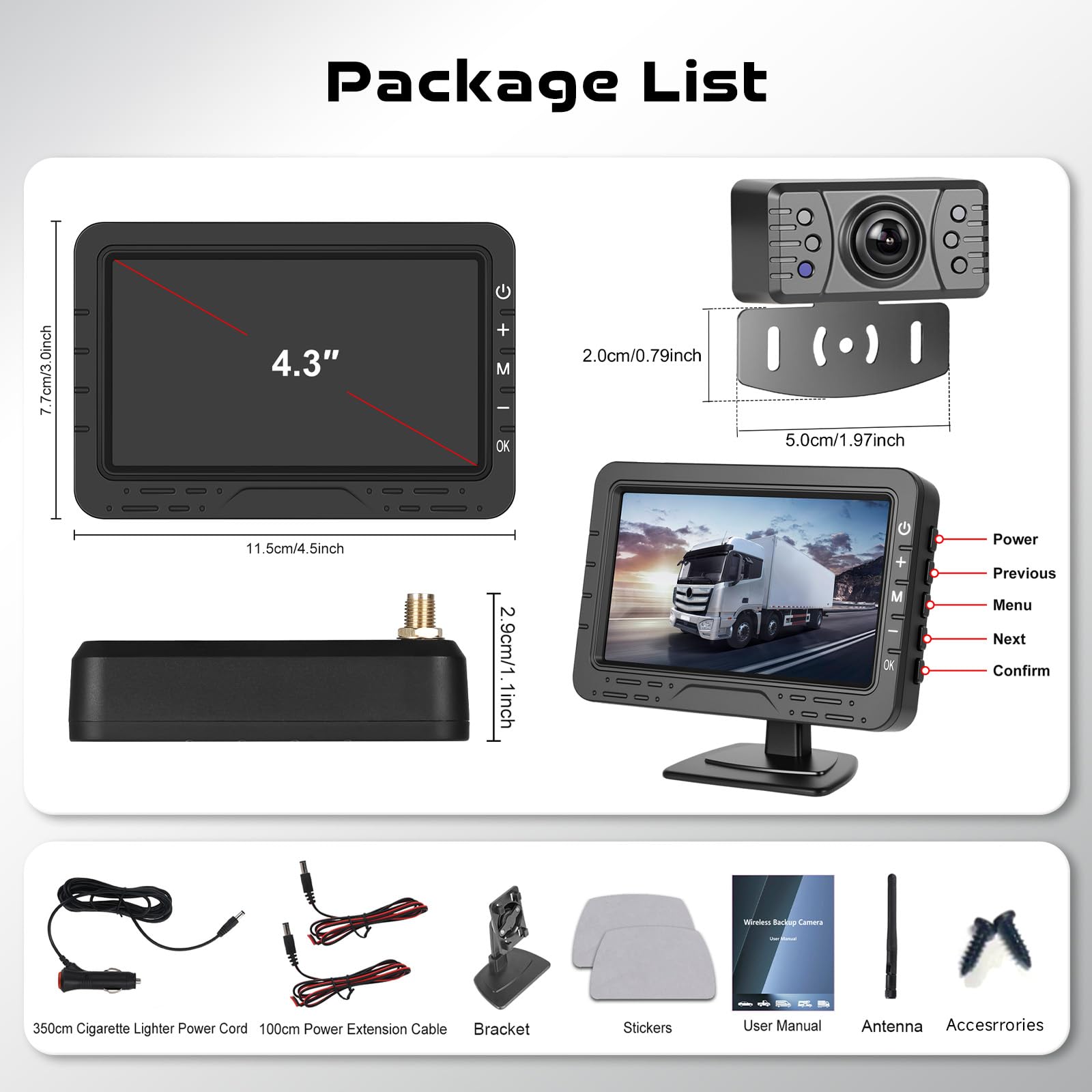 Hodozzy Kit Telecamera di Retromarcia Wireless Digitale, Monitor IPS da 4,3 Pollici con Visione Notturna e Impermeabile Telecamera Posteriore per Auto, Facile da Installare, Telecamera di Backup 12V