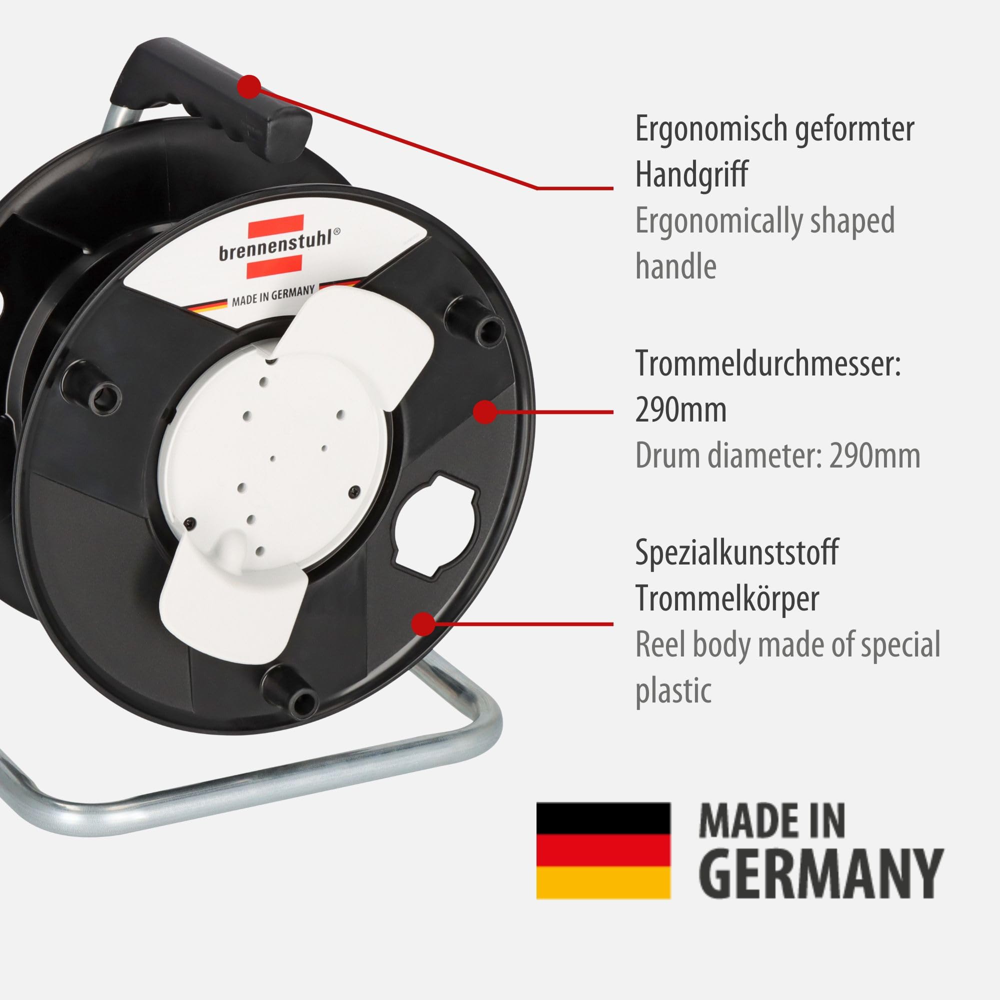 Brennenstuhl Garant G 290 enrollacables sin cable/carrete de cable vacío (plástico especial, fabricado en Alemania, diámetro de 290 mm) negro