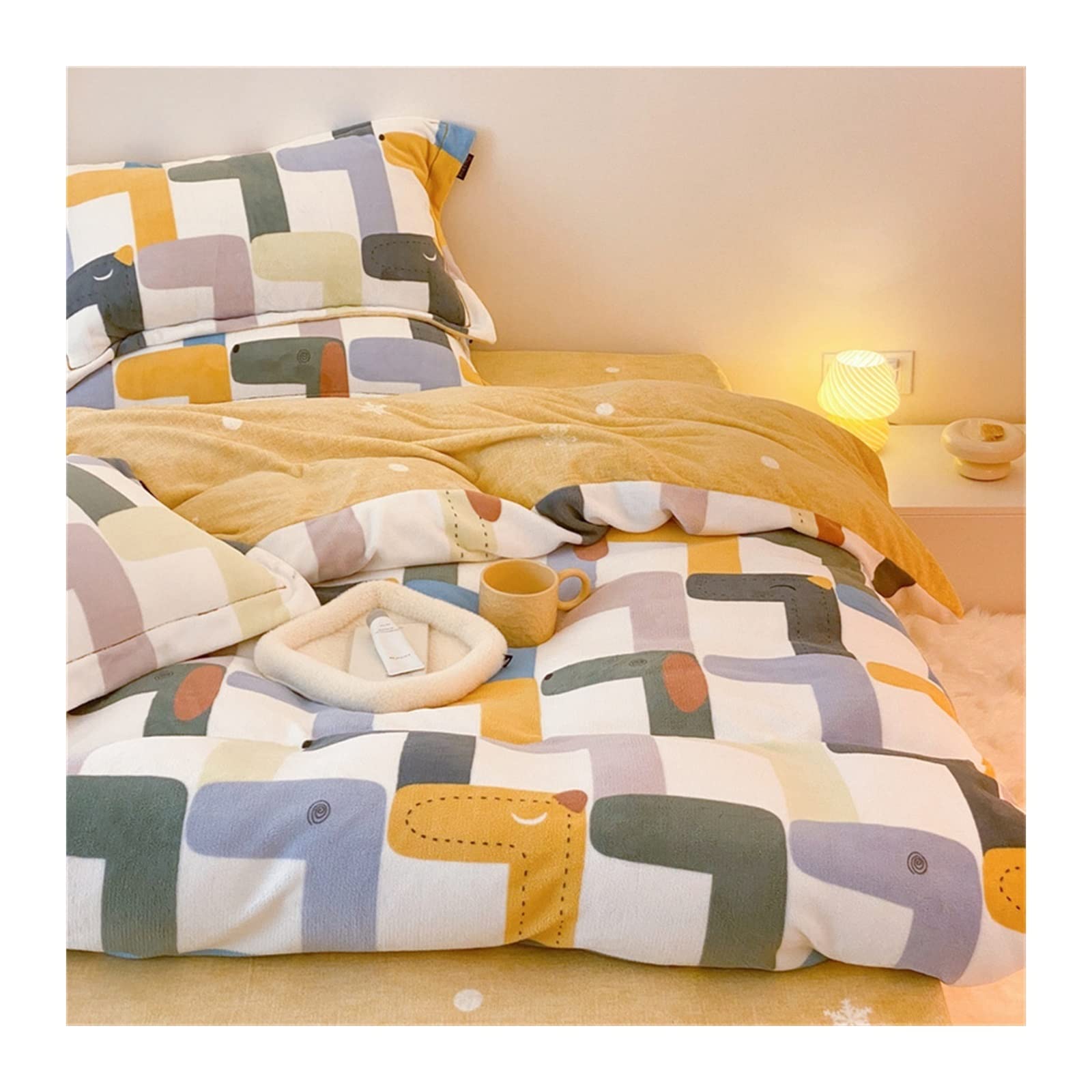 Housse de couette double face hiver en velours de coton motif vache 4 pièces 2m