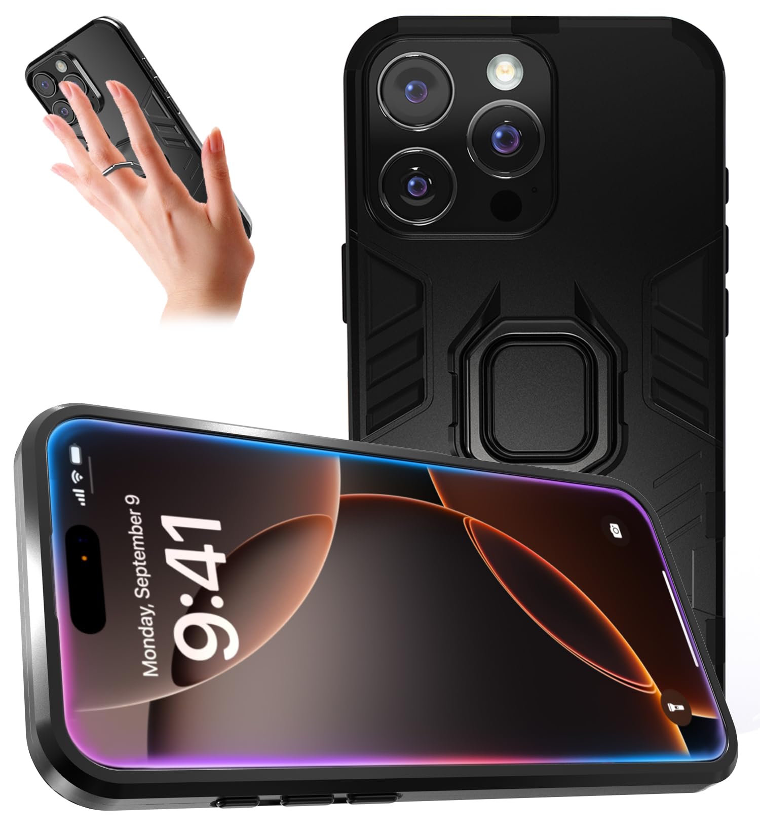 TzoMartico Walk&Running Case for iPhone 16 Pro Max, Drop-Proof Soft Edge, 360+120°Rotating Device, Embedded Kickstand, Fall Prevention-Grip,