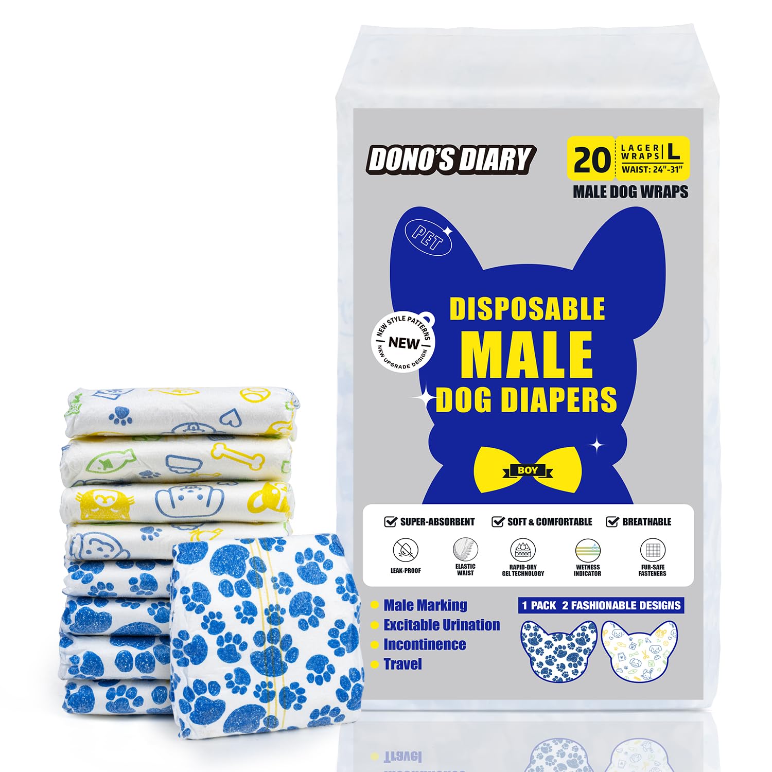 Dono pañales para Perros machos, 40 Unidades, indicador de Humedad, envolturas para la Barriga del Perro, con tecnología de Gel de Secado rápido, pañales para Cachorros con incontinencia, L