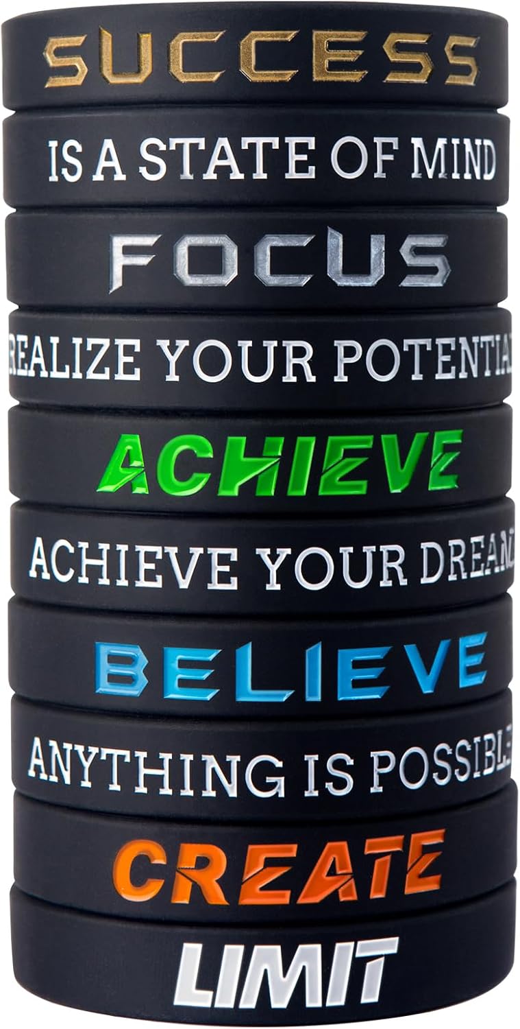 12pcs Success, Achieve, Focus Motivational Silicone Wristbands with Inspirational Messages for Men Women Rubber Bracelets Elite Athletic Gear Wristbands