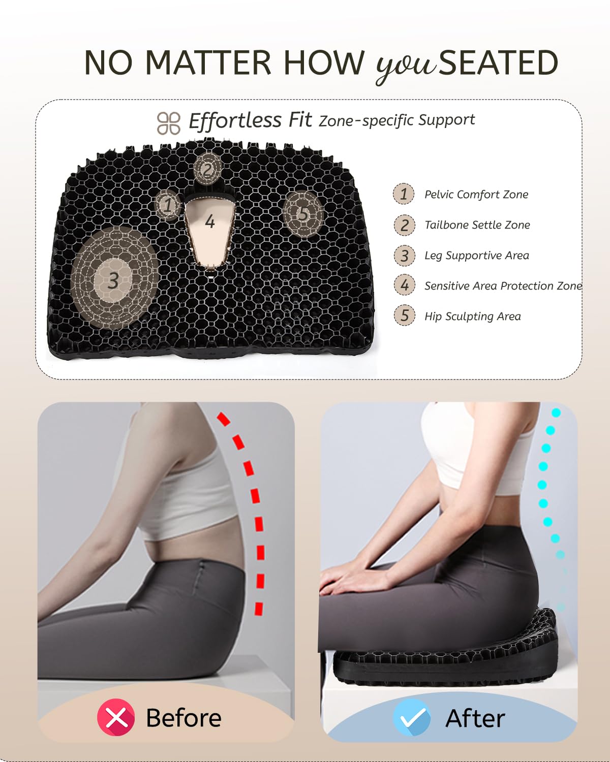 Cojín de asiento de gel para sentarse durante mucho tiempo y aliviar el dolor de cadera (tamaño grande), cojines 3D refrescantes para silla de oficina, coche, silla de ruedas, funda