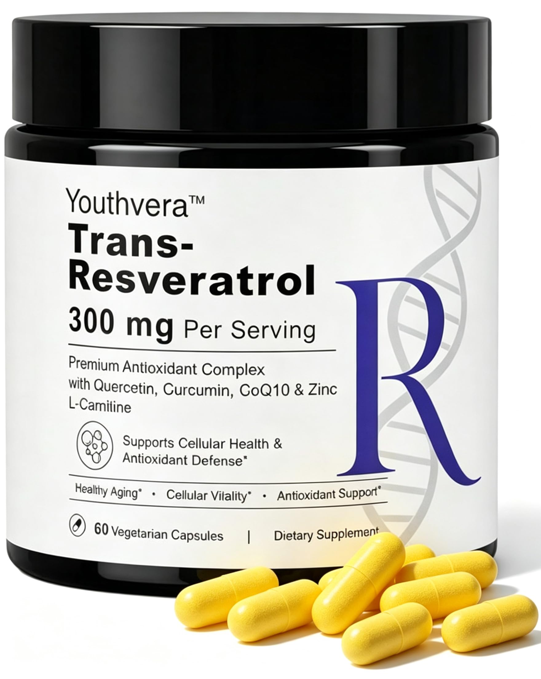 Trans-Resveratrol 300mg Vitamin Supplements, 60 Veggie Capsules Black and White