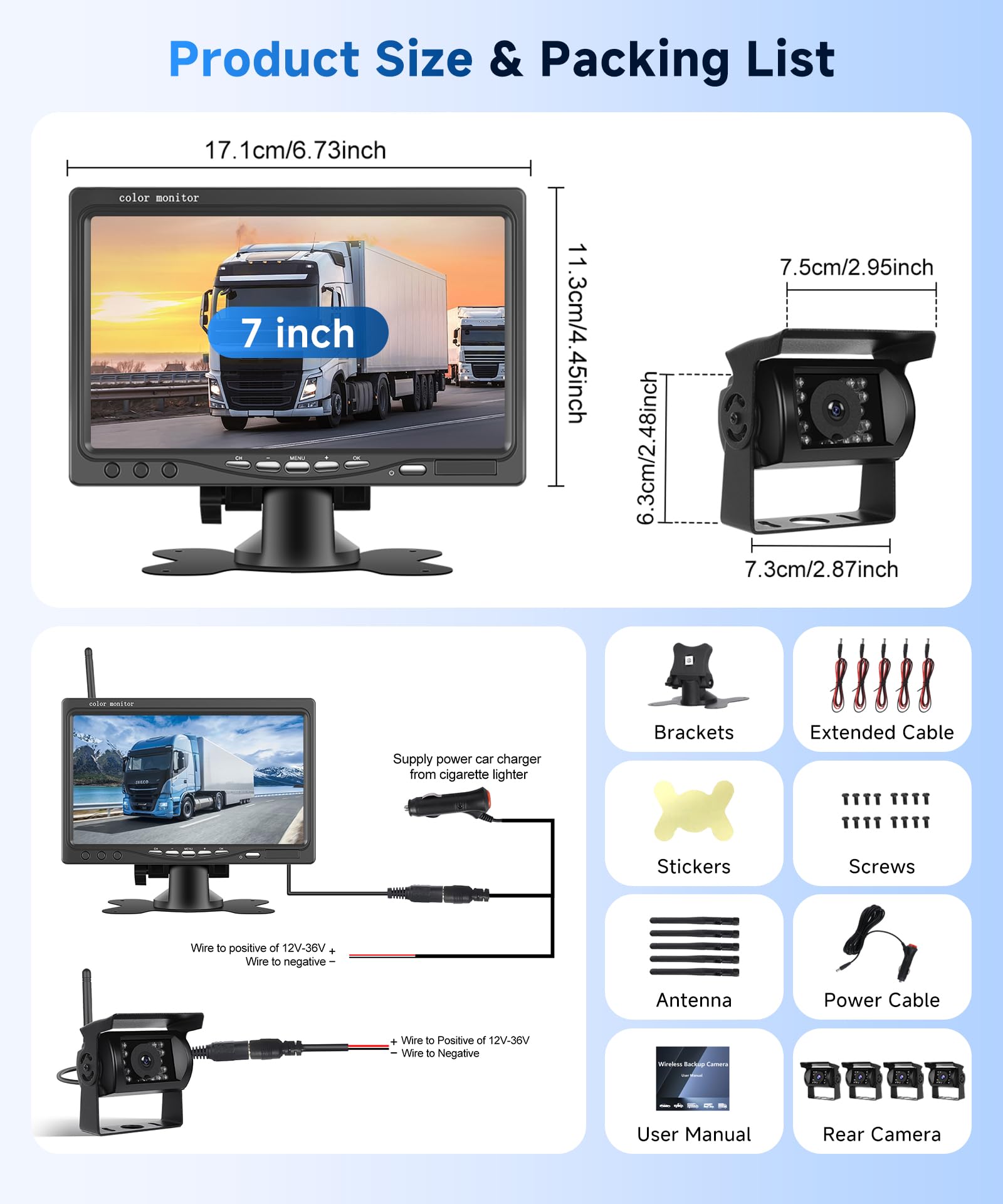 Digitale Senza Fili Telecamere Retromarcia 4 Telecamere Kit, 7 Pollici IPS Monitor 4 Schermo Diviso con Visione Notturna, BSD/Image Flip Telecamera Posteriore Auto Camion/Bus/Furgone/Camper/Rimorchio